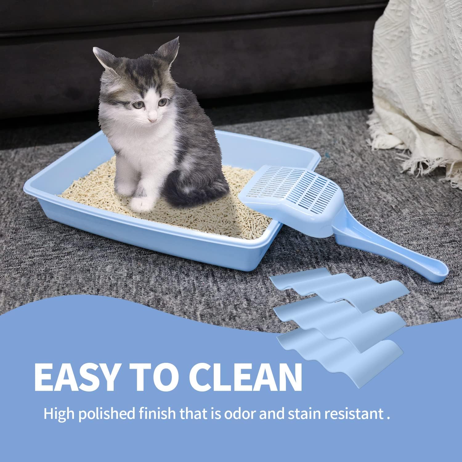 PAWISE Kitty Litter Box Set 5-Pieces - Shallow Cat Litter Pan, Cat Litter Scooper, Feeding Bowls, Kitten Starter Kit Mouse Toy,