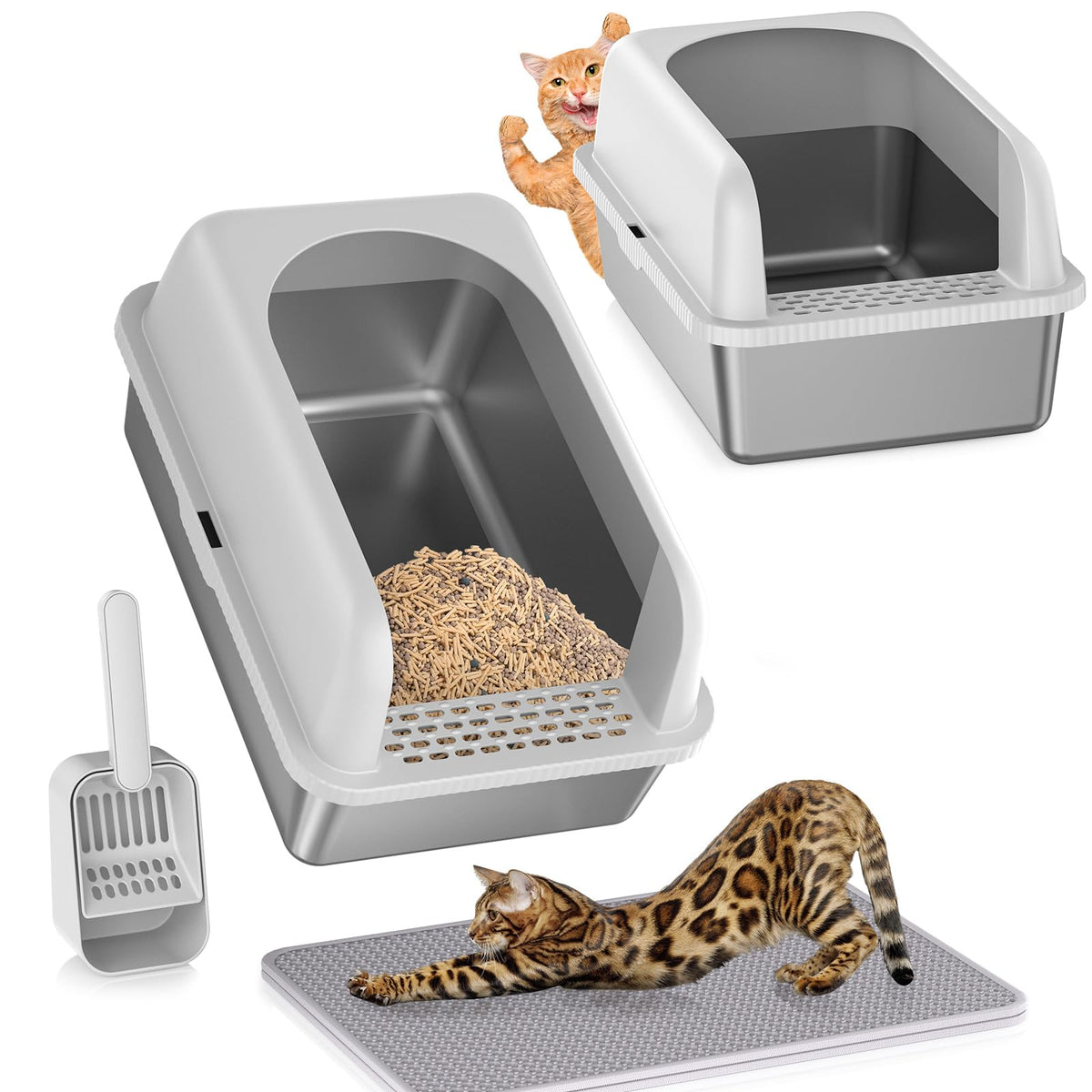 2 Pack Stainless Steel Litter Box Witn High Sides, Extra Large Cat Litter Box With Lid, Metal Litter Boxes For Multiple Cats, An