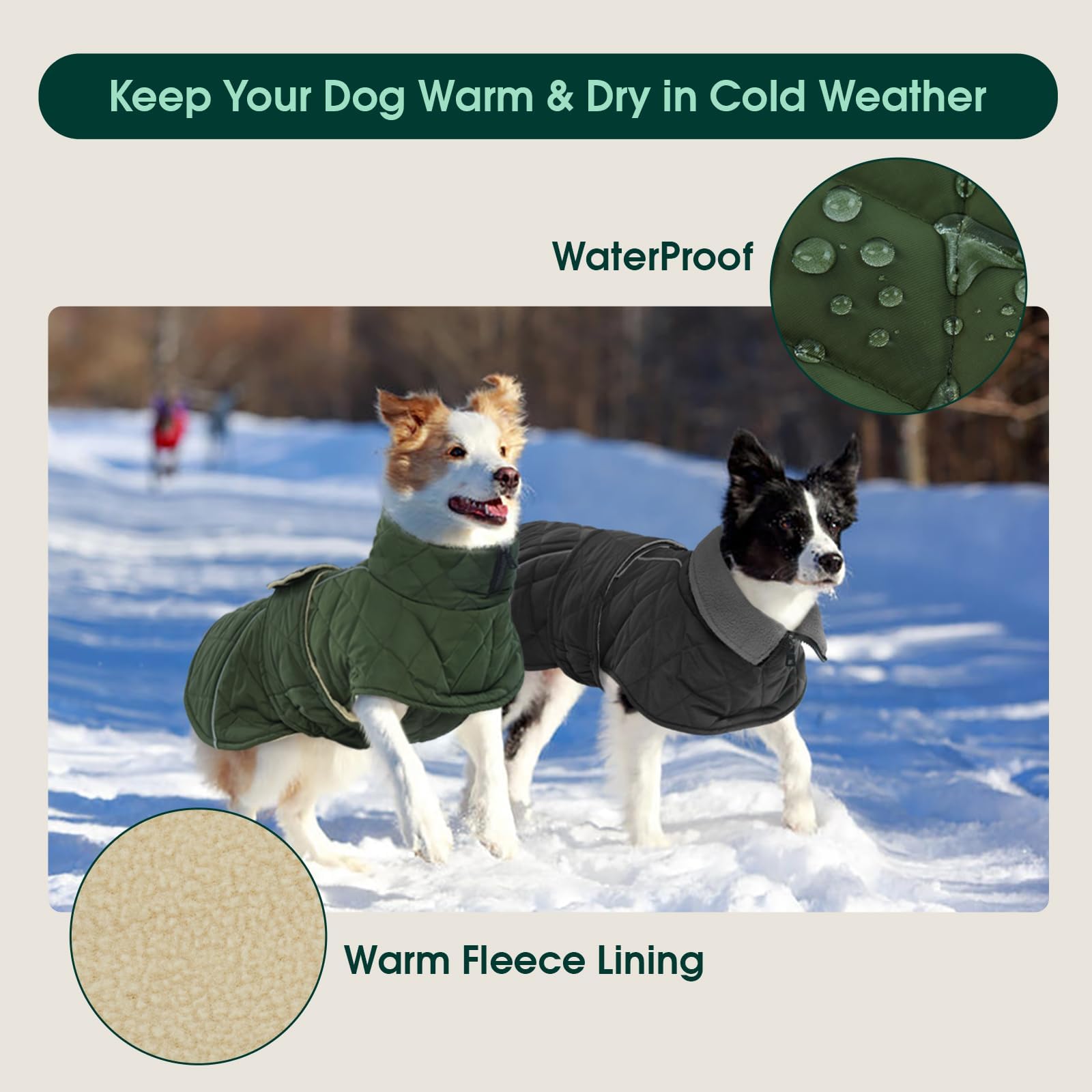 Kuoser Dog Winter Coat, Waterproof Fleece-Lined Snowsuit, Large, Green, Model C118-Kuoser-778MF-1