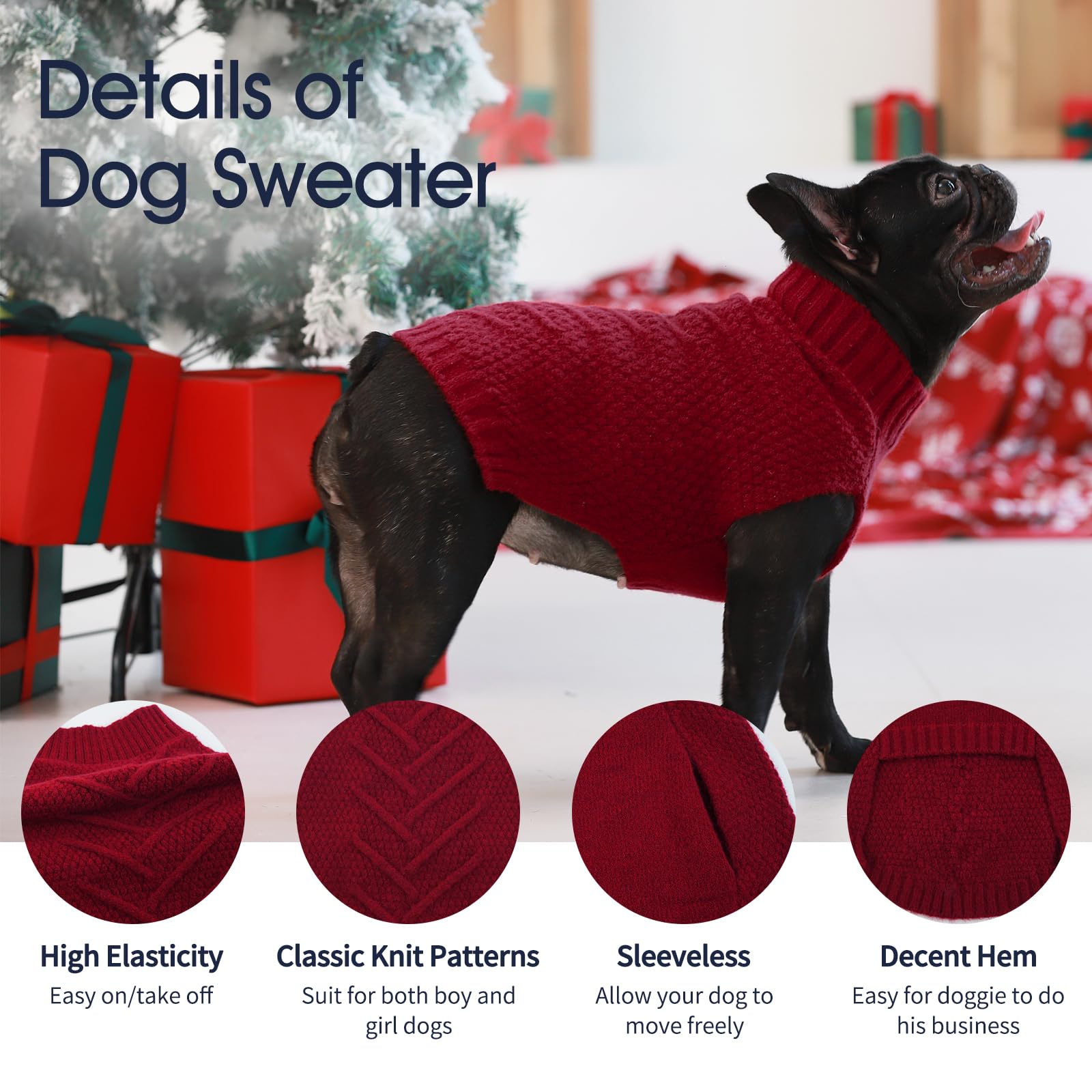 IECOii Thermal Knitted Dog Sweaters - Medium Dog Christmas Sweaters for Girls & Boys, Pug & Dachshund - Dark Red