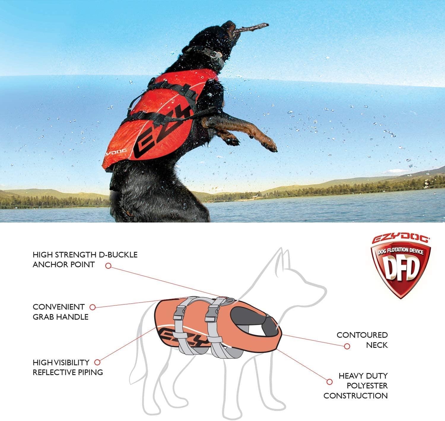 Ezydog Dfd Dog Life Jacket - Adjustable Swimming Safety Vest With Reflective Trim & Durable Grab Handle - 50% More Flotation Mat