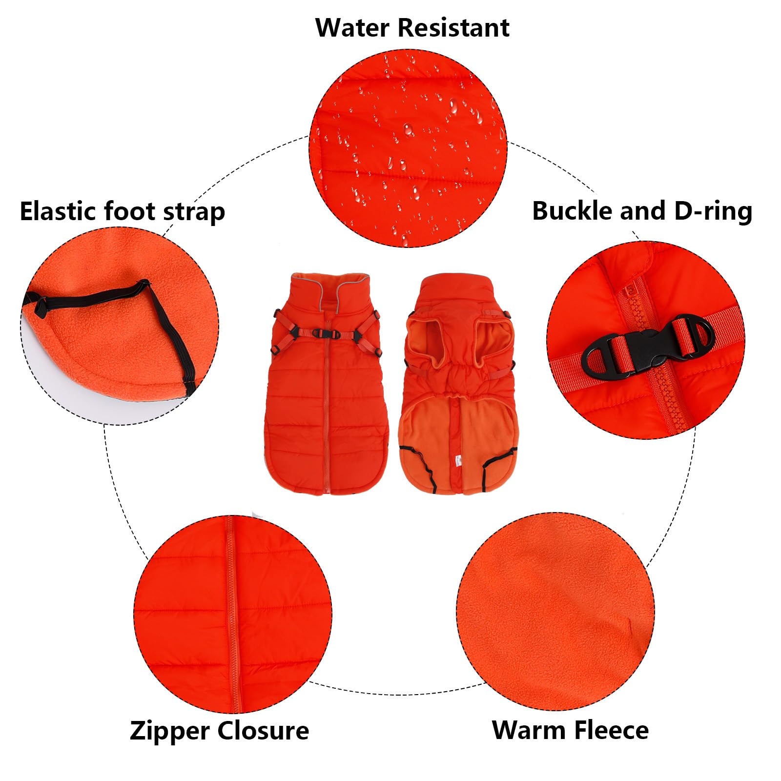 Geyecete Winter Warm Coat Waterproof Dog Winter Jacket With Harness Traction Belt,Windproof Pet Outdoor Jacket Dog Autumn-Orange