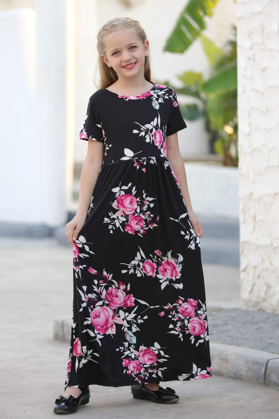 Gorlya Girls Short Sleeve Floral Print Loose Casual Long Maxi Dress With Pockets 4-12 Years (11-12Yearsheight:150Cm, Black Print