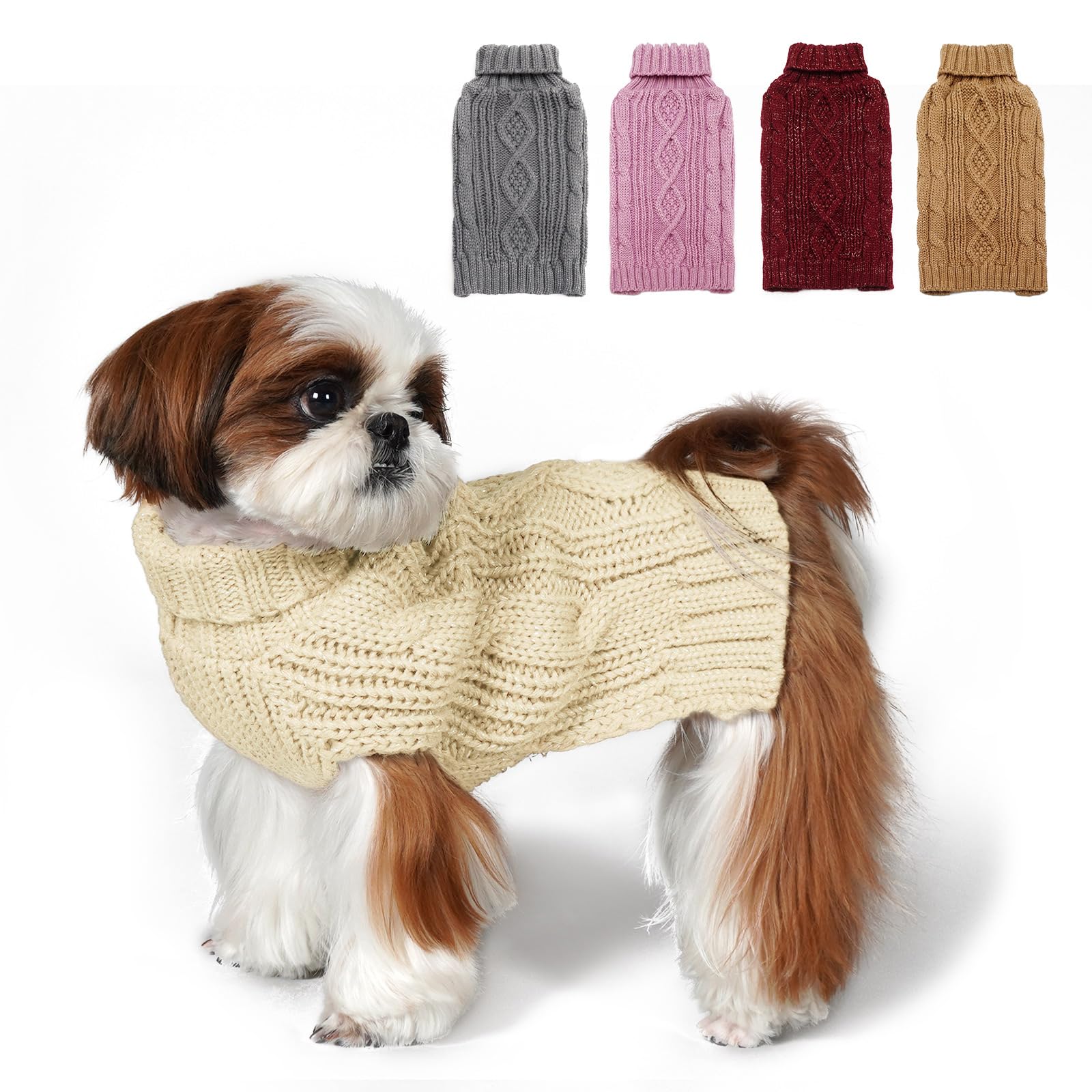 Kyeese Dog Sweaters For Small Dogs Turtleneck Dog Cable Knit Puppy Sweater With Golden Thread For Cold Weather, Beige, X-Small