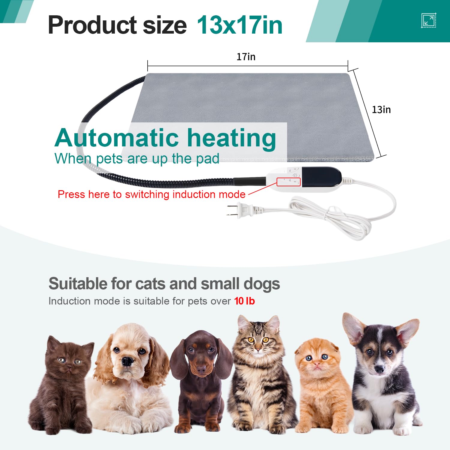 Smart Cat Heating Pad With Pressure Activated - Temperature Adjustable Heated Dog Bed With Timer - 13X17 Inches - 30W - Pressure