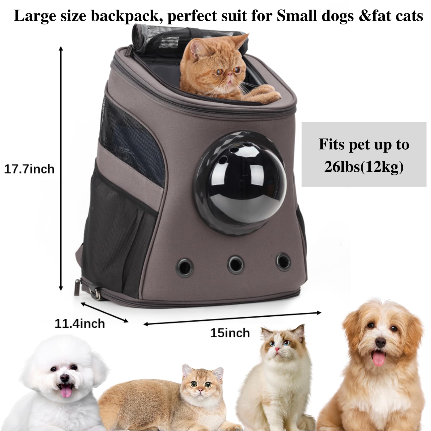 Lollimeow Large Pet Carrier Backpack, Bubble Backpack Carrier For Fat Cats And Puppies,Airline-Approved(Grey)
