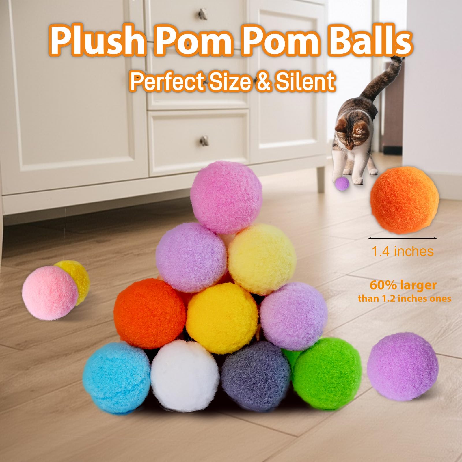 Momomeo 49Pcs Cat Ball Toy Launcher Gun, Cat Ball Fetch Toys, 40 Pcs Larger Silent Plush Pom Pom Balls With 1 Toy Launcher Gun F