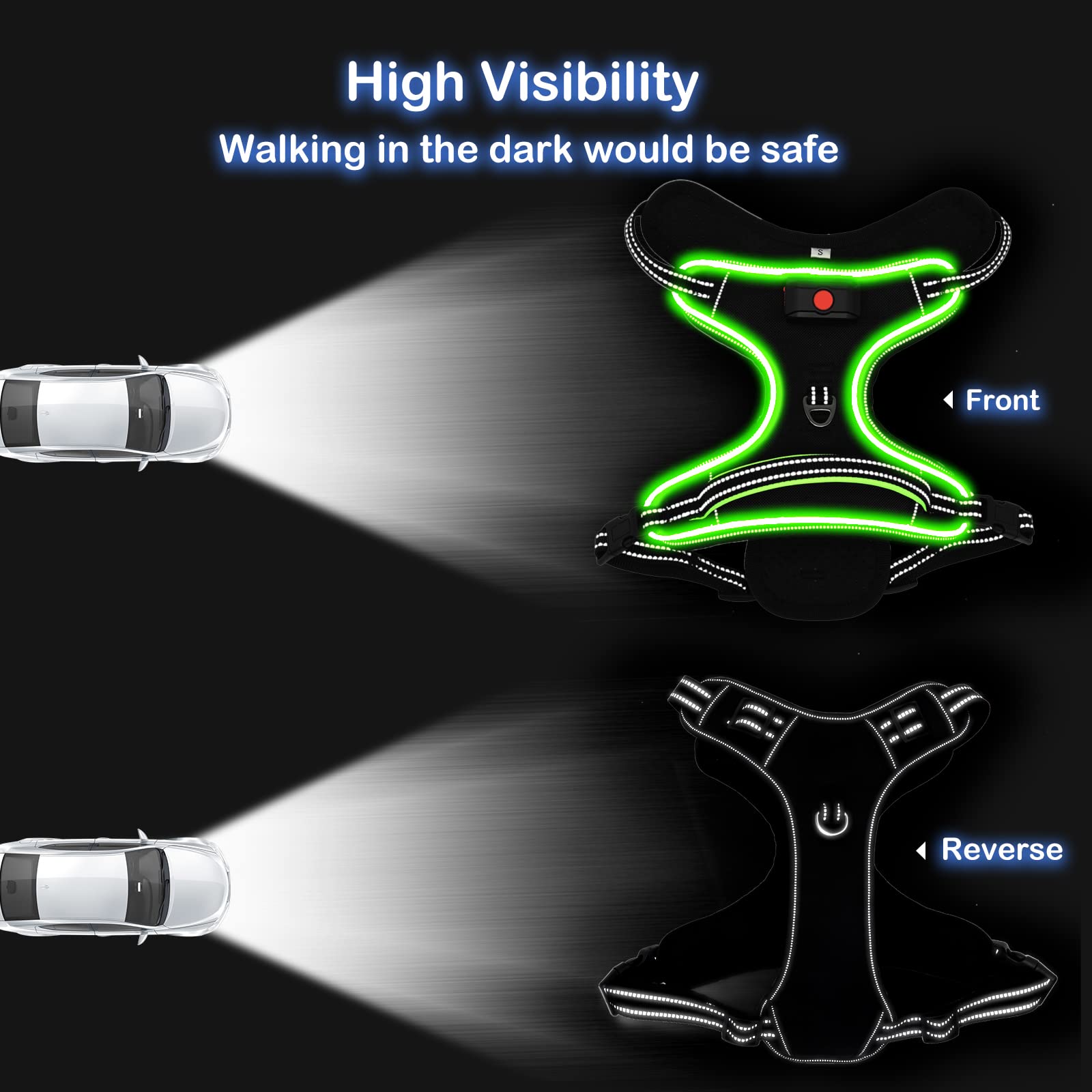 Light Up Dog Harness No Pull Led Dog Harness With Handle Vizbrite Rechargeable Lighted Dog Vest Harness For Small/Medium/Large/X-Large Size Dogs No Pull, 4 Point Adjustable Dog Harness Black-Green