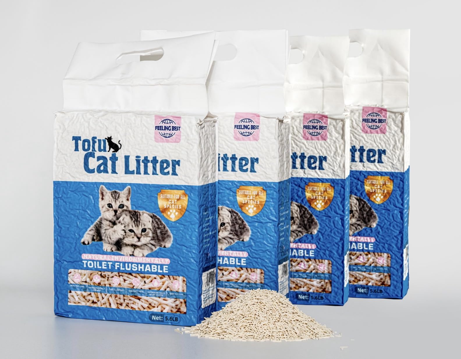 Feeling Best Tofu Cat Litter 22.4Lb(5.6Lb*4 Bags) Fast Clumping, Dust-Free,100% Natrual Raw Materials, Clumping,Flushable,Ultra 