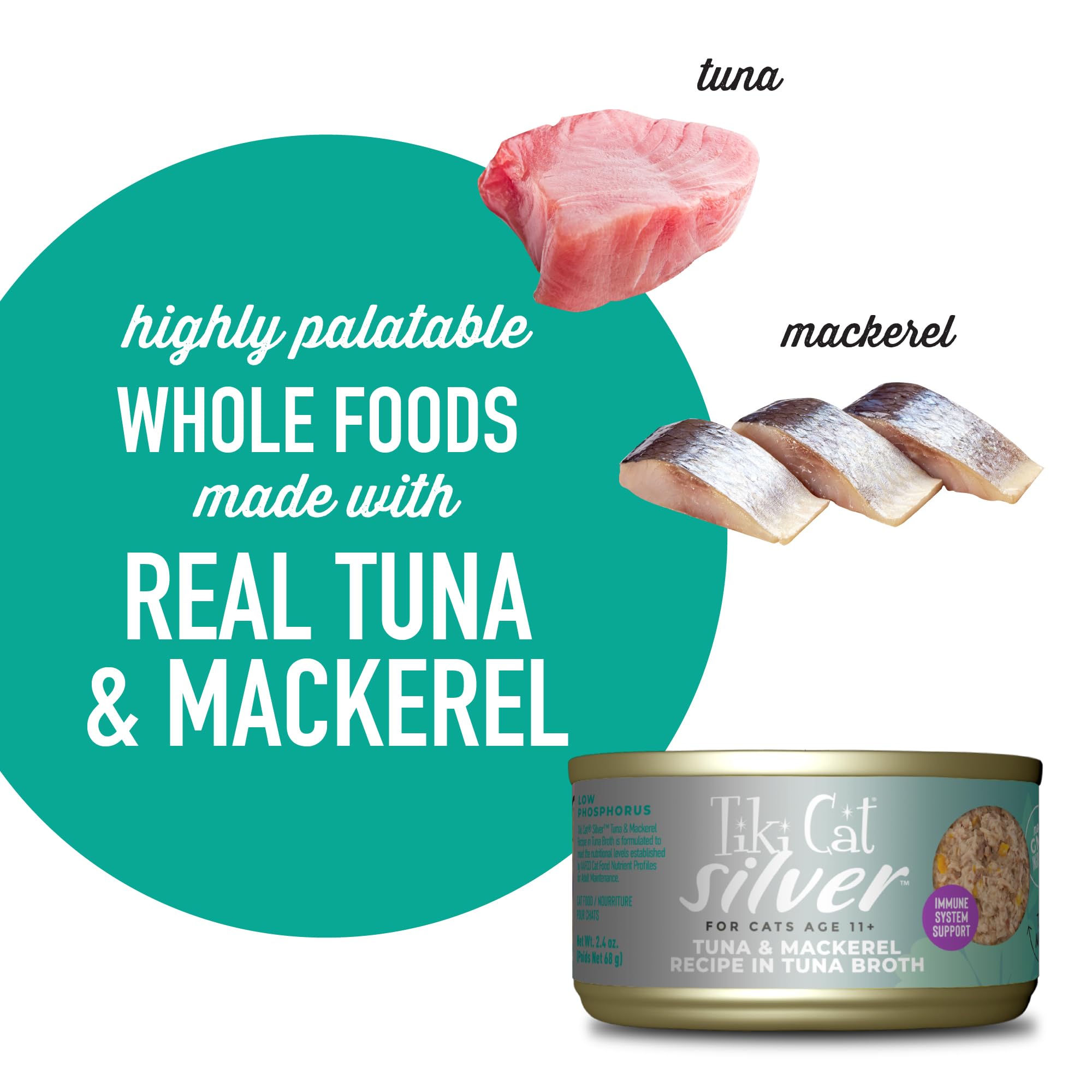 Tiki Cat Silver Comfort Mousse + Shreds, Tuna & Mackerel Recipe in Tuna Broth, Immune System Support Formulated for Older Cats A