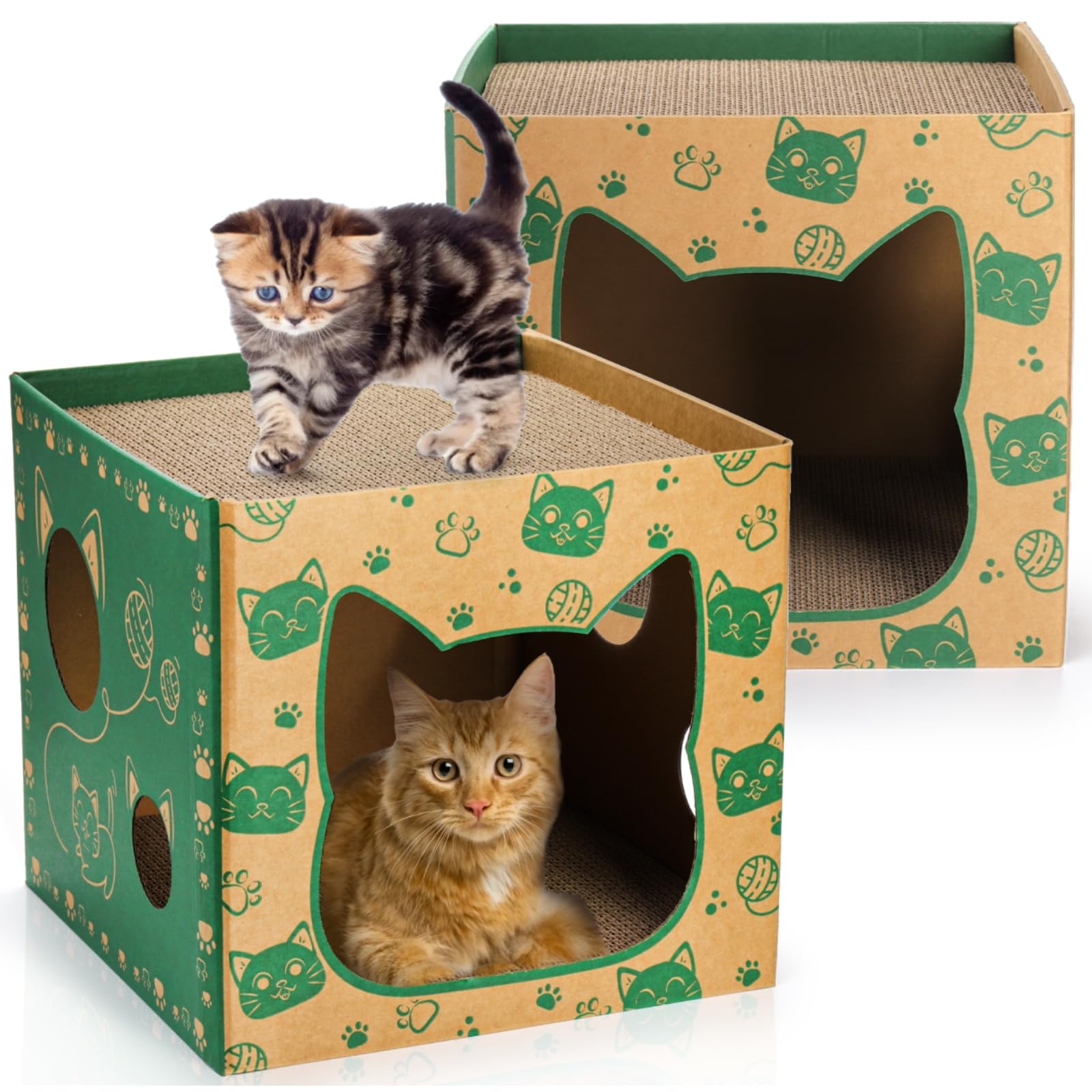 Pumtus 2 Pack Cardboard Cat Houses, Cat Play House With 2 Pcs Scratching Pad, Corrugated Cat Hideaway Cave, Cute Cat Condos Box,