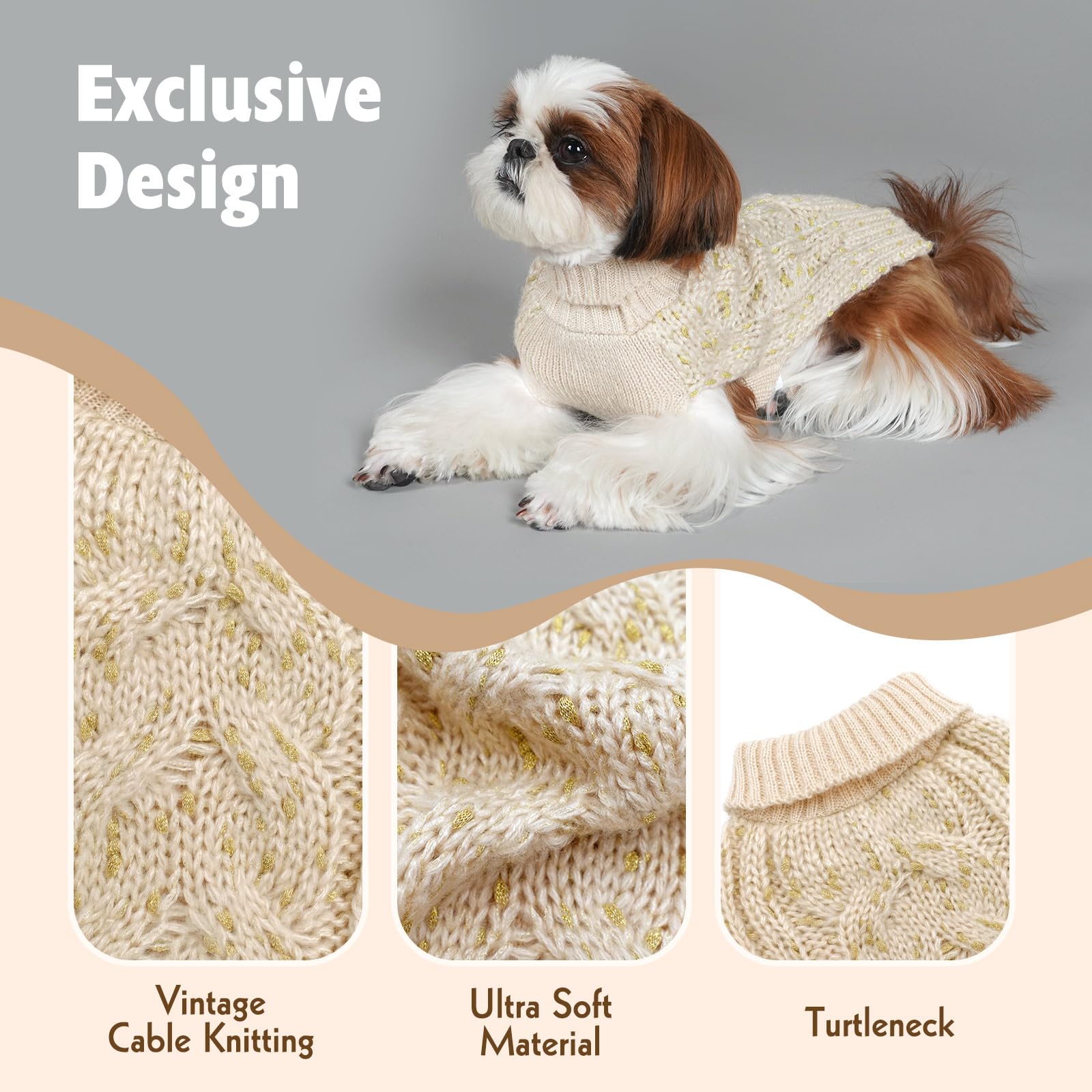 Kyeese Dog Sweaters Turtleneck Beige Small Dog Sweater Knitwear Pullover Warm Pet Sweater With Golden Yarn Decors
