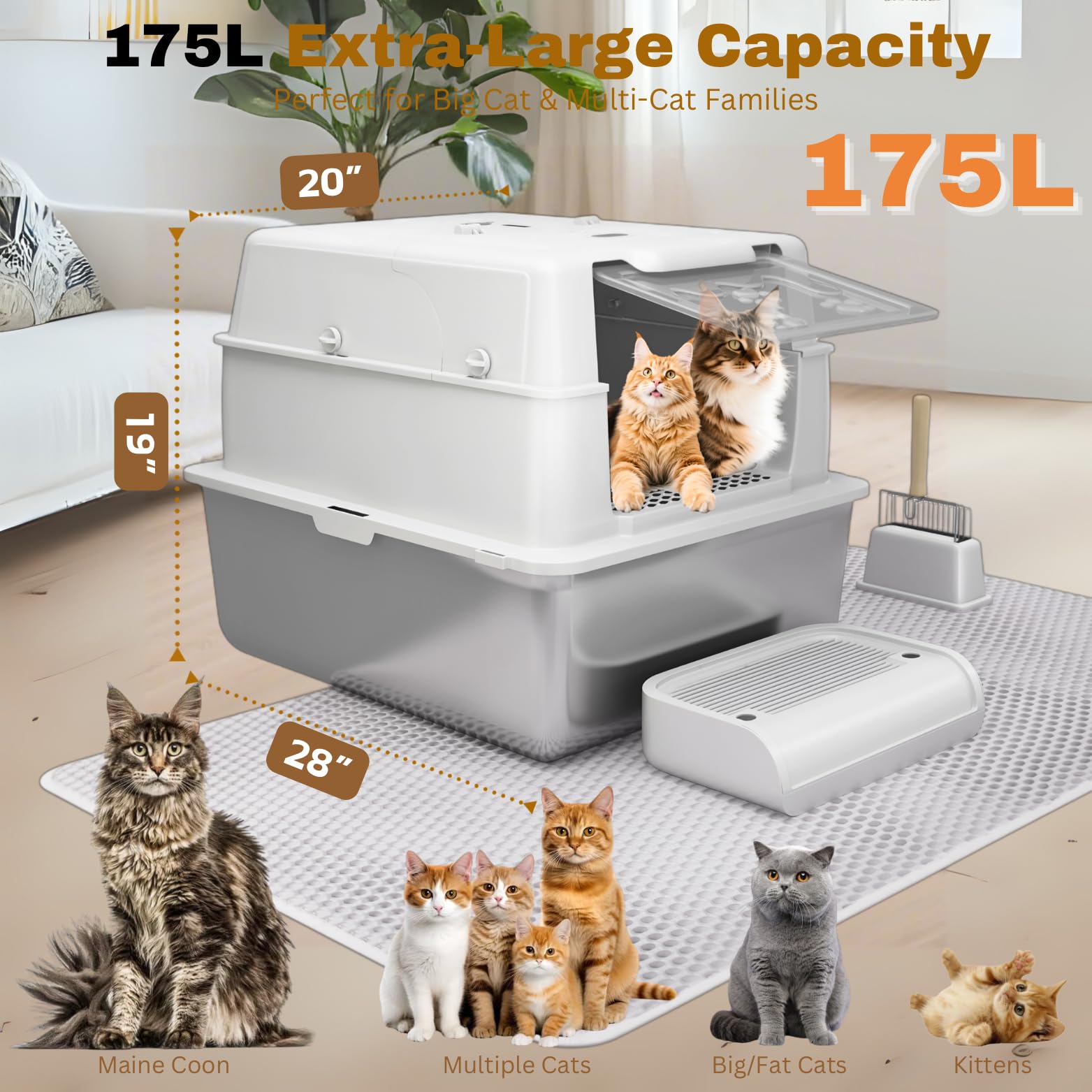 XXXXL Jumbo Stainless Steel Litter Box with Lid for Maine Coon, 28 L x 20 W x 19 H Extra Large Stainless Steel Cat Litter Box fo