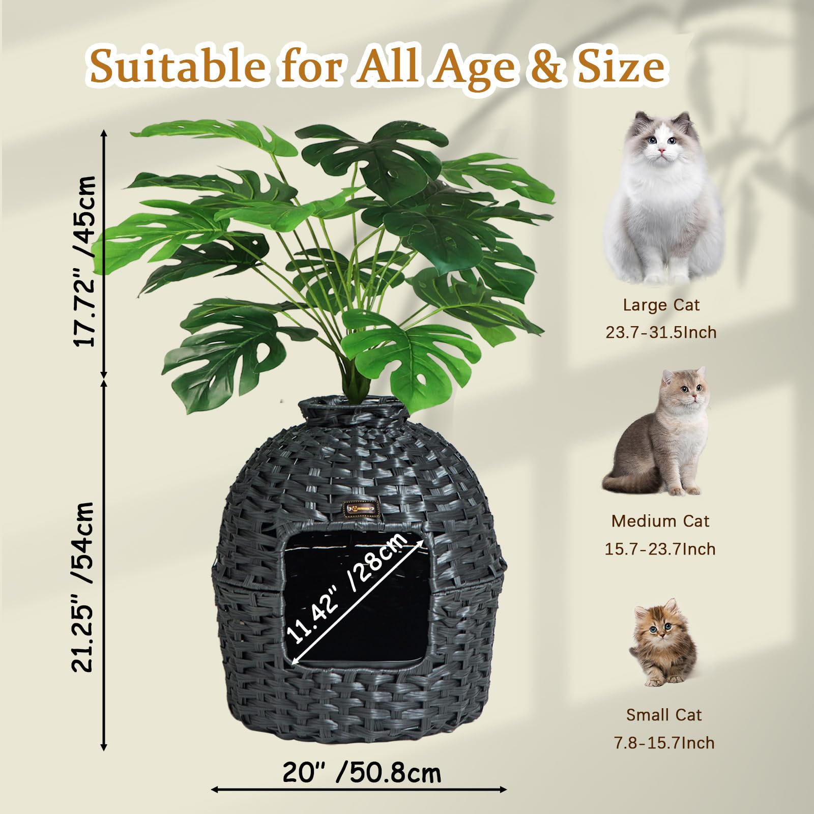 KUREEISE Hidden Litter Box Furniture with Artificial Plants, Handwoven Rattan Cat House with Enclosed Litter Box(Black)