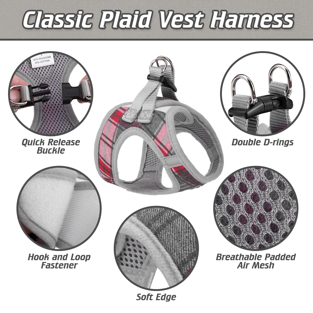 Expawlorer Classic Plaid Puppy Harness - Small Dog Collar And Leash - Soft Mesh Padded Adjustable Small Dog Vest Harness No Pull, Reflective Escape Proof For Outdoor Walking