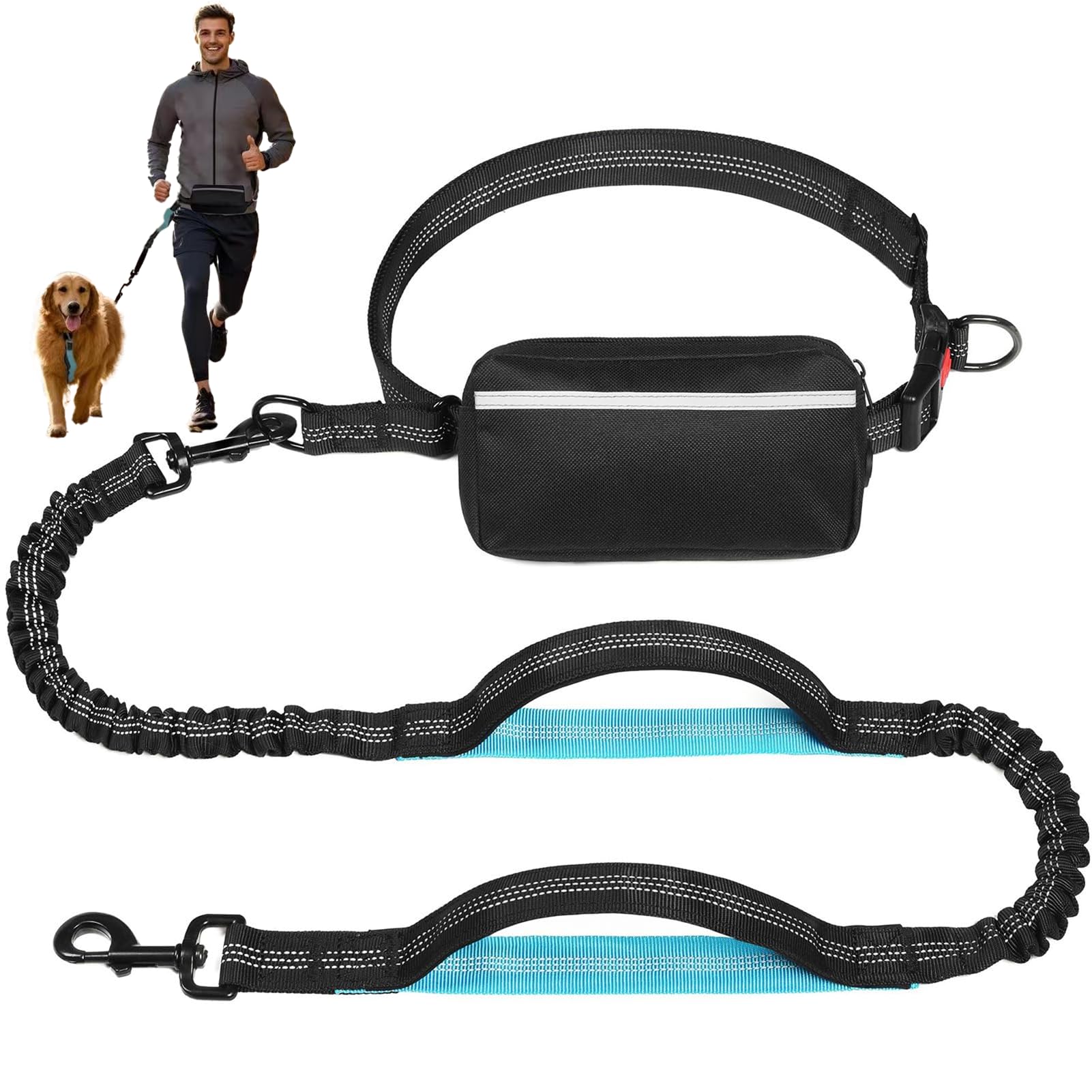 GREGCE Hands Free Dog Leash with Zipper Pouch, Dual Padded Handles Running Leash for Medium and Large Dog, Retractable Bungee Wa