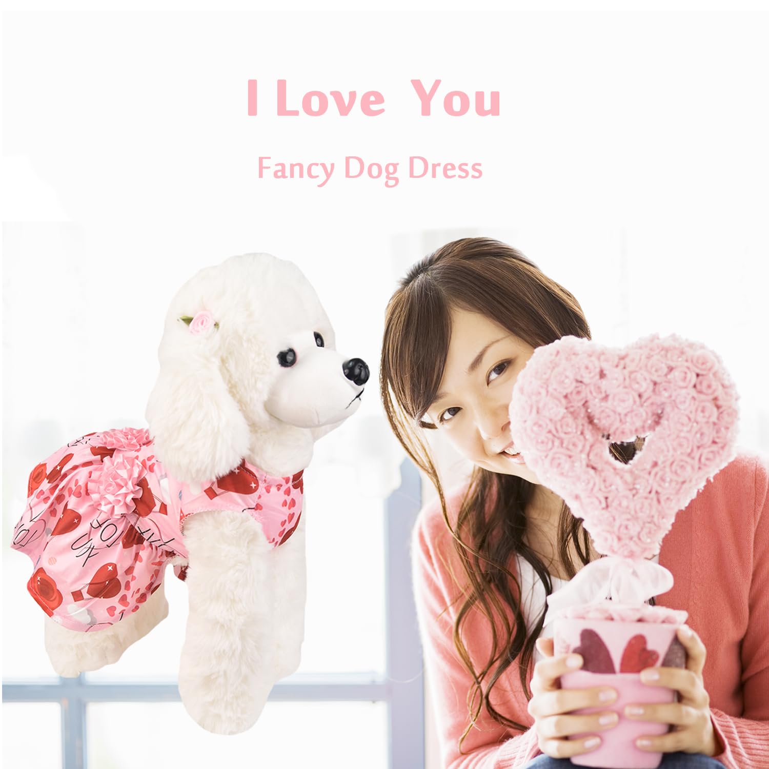 Muyaopet Pink Dog Dress Dog Pet Cat Valentines Clothes Outfit Flower Tutu Skirt Dresses For Small Dogs Cat Girl (I Love You, S)