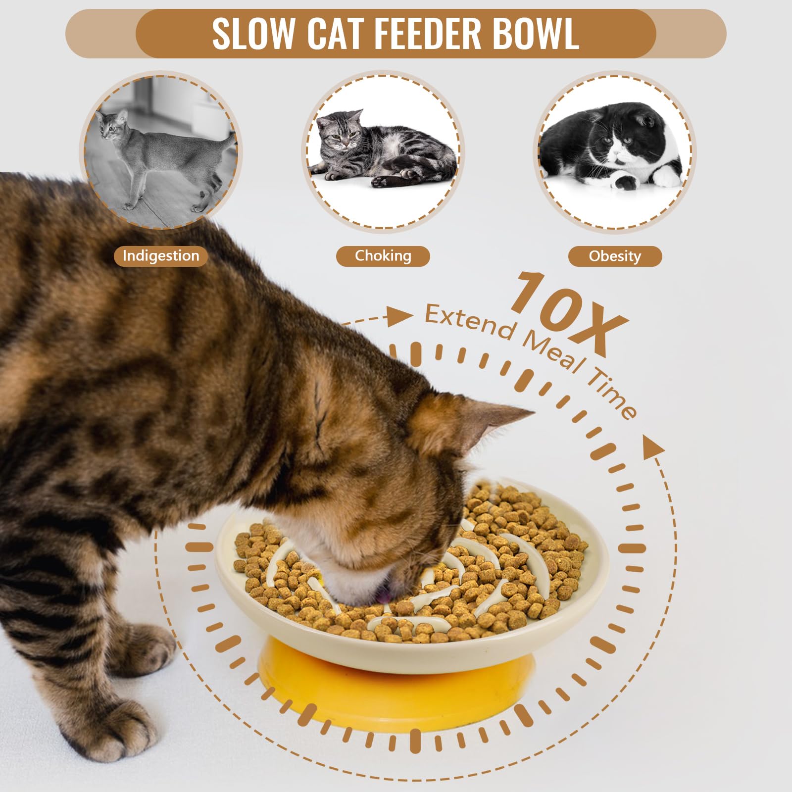 Lfpkixise Slow Feeder Cat Bowl Set of 2, Ceramic, Whisker Friendly, Anti-Vomiting, Cream, Model SL-bowls-0717-02