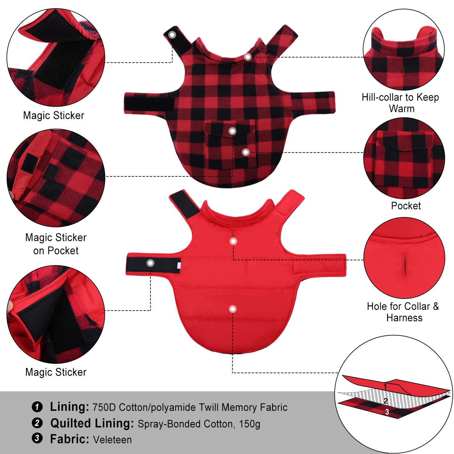 Asenku Plaid Winter Coat, Fleece Jacket Reversible Vest Waterproof Windproof Cold Weather Clothes Pet Apparel For Small Medium L