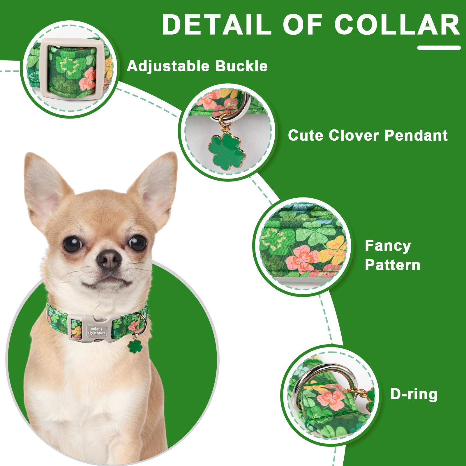 St. Patrick'S Dog Collar,Unique Style Paws Green Clover Dog Collar,Shamrock Pet Collar,Adjustable Cotton Collar With Quick Relea