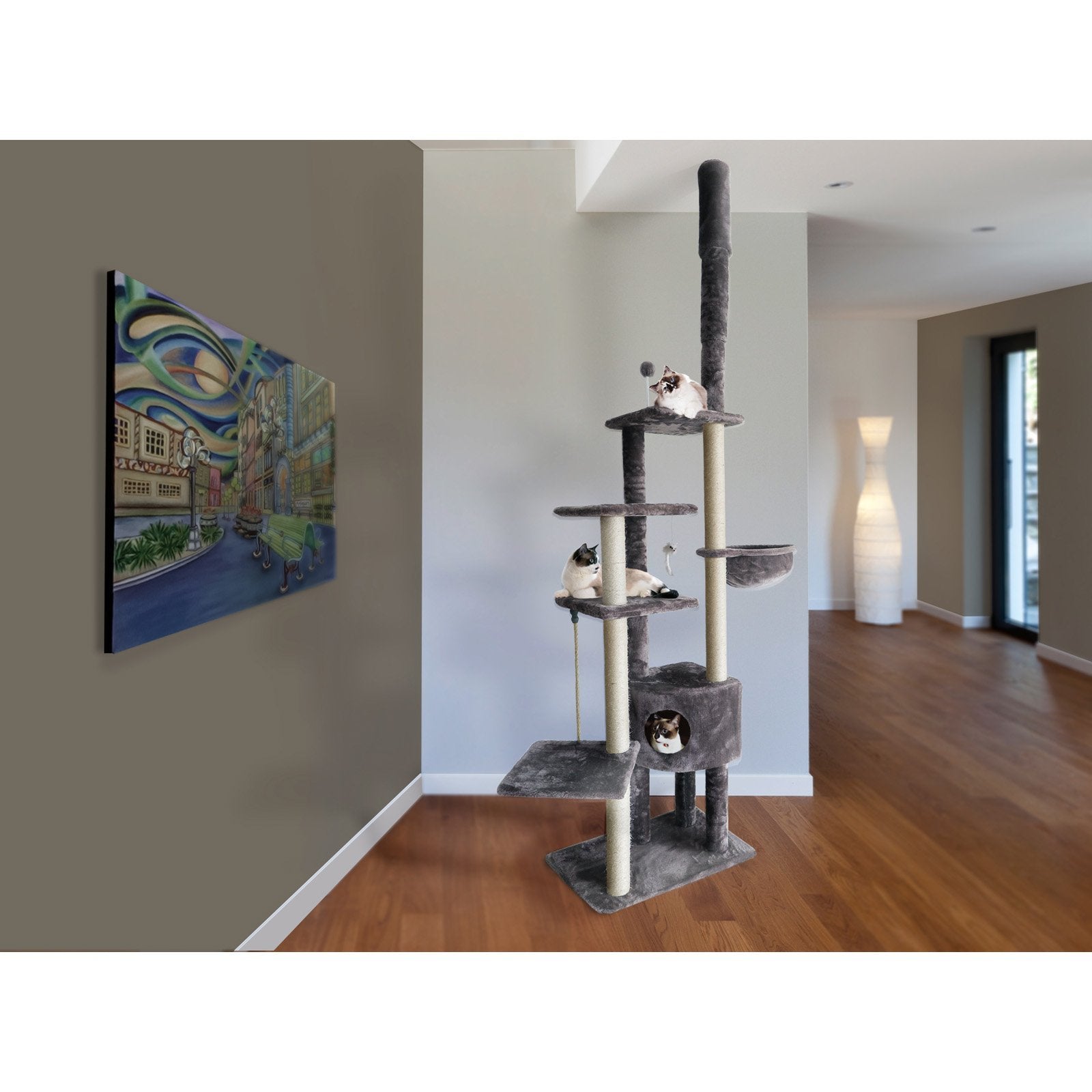 Furhaven 100-113 Tall Cat Tree for Indoor Cats w/ Adjustable Height, Ft. Sisal Scratching Posts, Condo, & Toys - Tiger Tough Sky