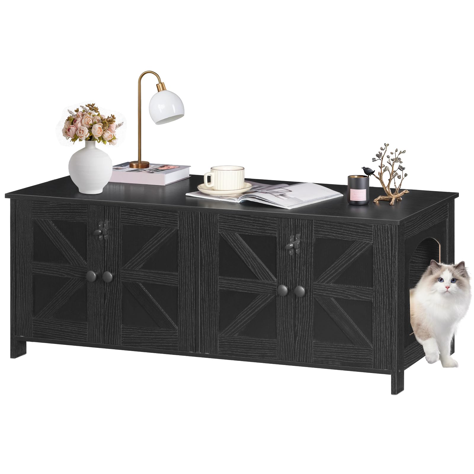 Hoobro Cat Litter Box Enclosure For 2 Cats, Hidden Litter Box Furniture, 47.2 X 17.7 X 19.7 Inches, Wooden Tv Stand With Dual Ro