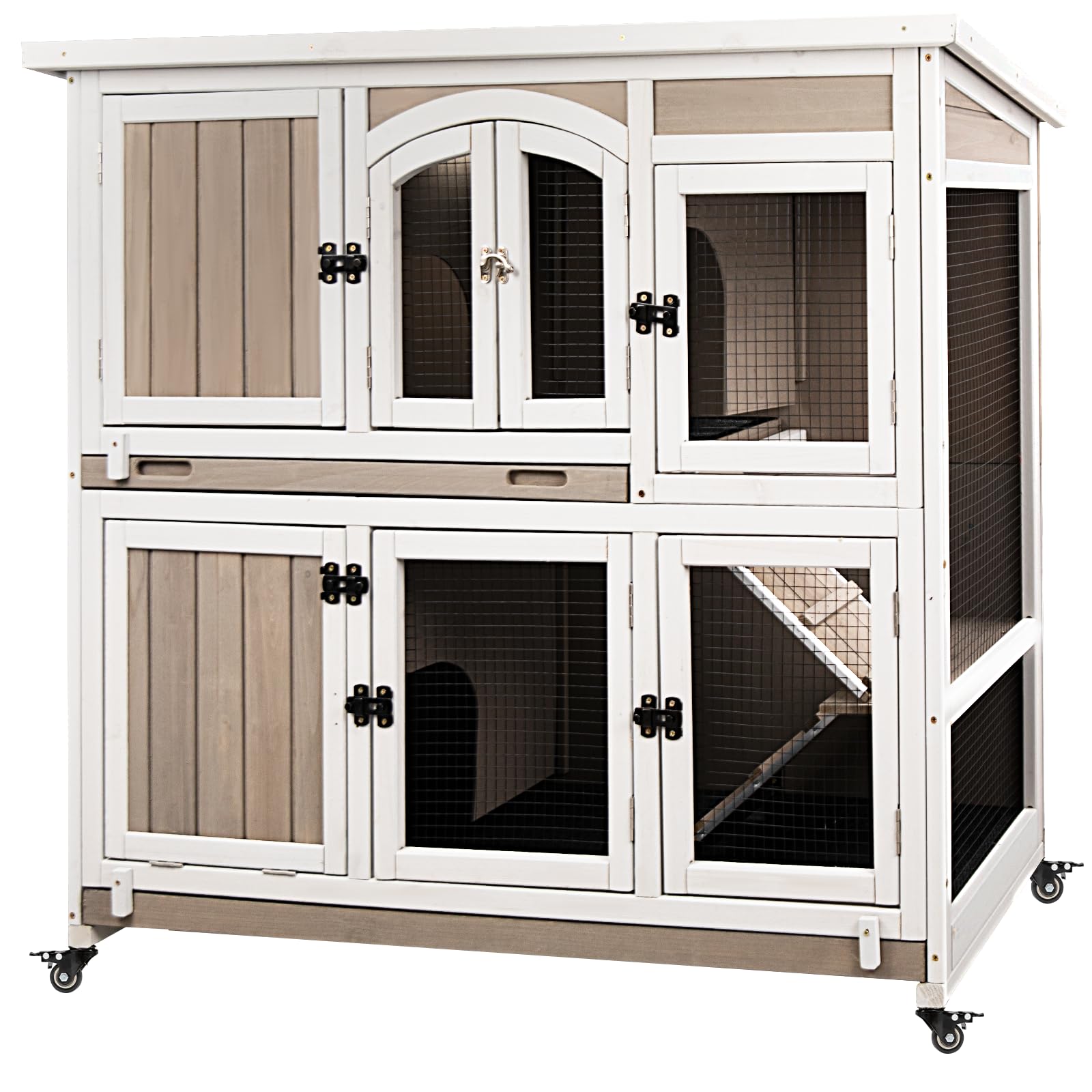 Gowoodhut 47''L Rabbit Hutch Indoor Wooden 2 Story Rabbit Large Bunny Hutch Outdoor Bunny Cage On 4 Metal Wheels And 2 Deeper Pu