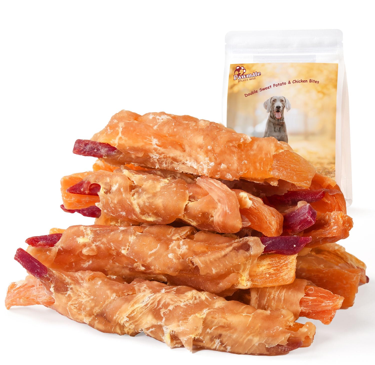 Pawmate Dog Treats, Double Sweet Potato Chicken Jerky Wrapps Healthy Rawhide-Free Dog Treats Chicken Jerky Low Fat High Protein 