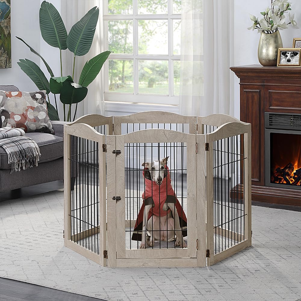 Unipaws 132?Extra Wide Dog Gate And Pet Playpen, Free Standing Tall Dog Fence With Walk Through Door, Dog Barriers For Home, Use As Indoor Dogs Cats Pen, Rabbit Pen, Baby Gate, Weathered Grey