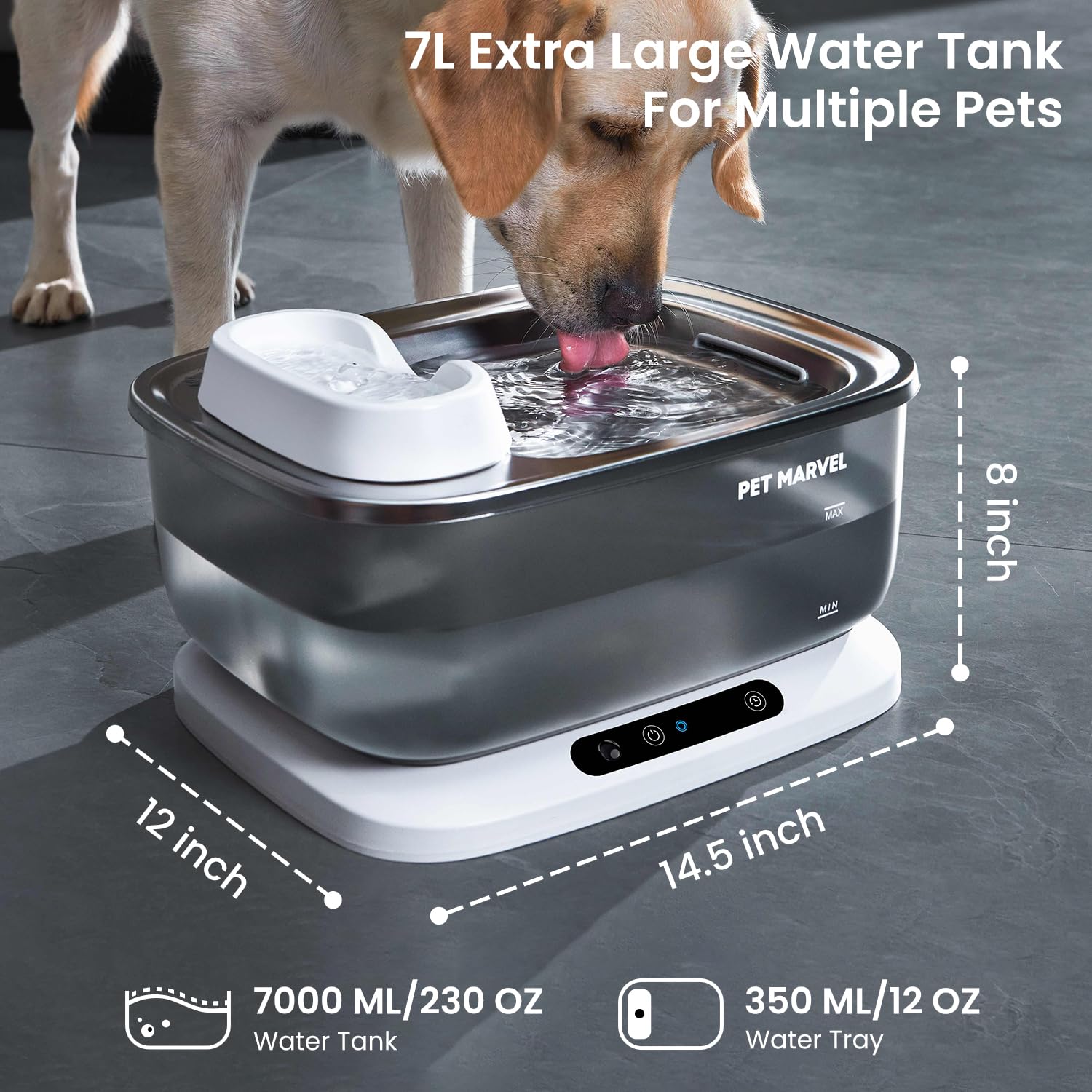 Pet Marvel Wireless Sensing Dog Water Fountain For Large Dogs, 7L/1.8Gal/230Oz Big Automatic Pet Water Dispenser For Multi Cats,