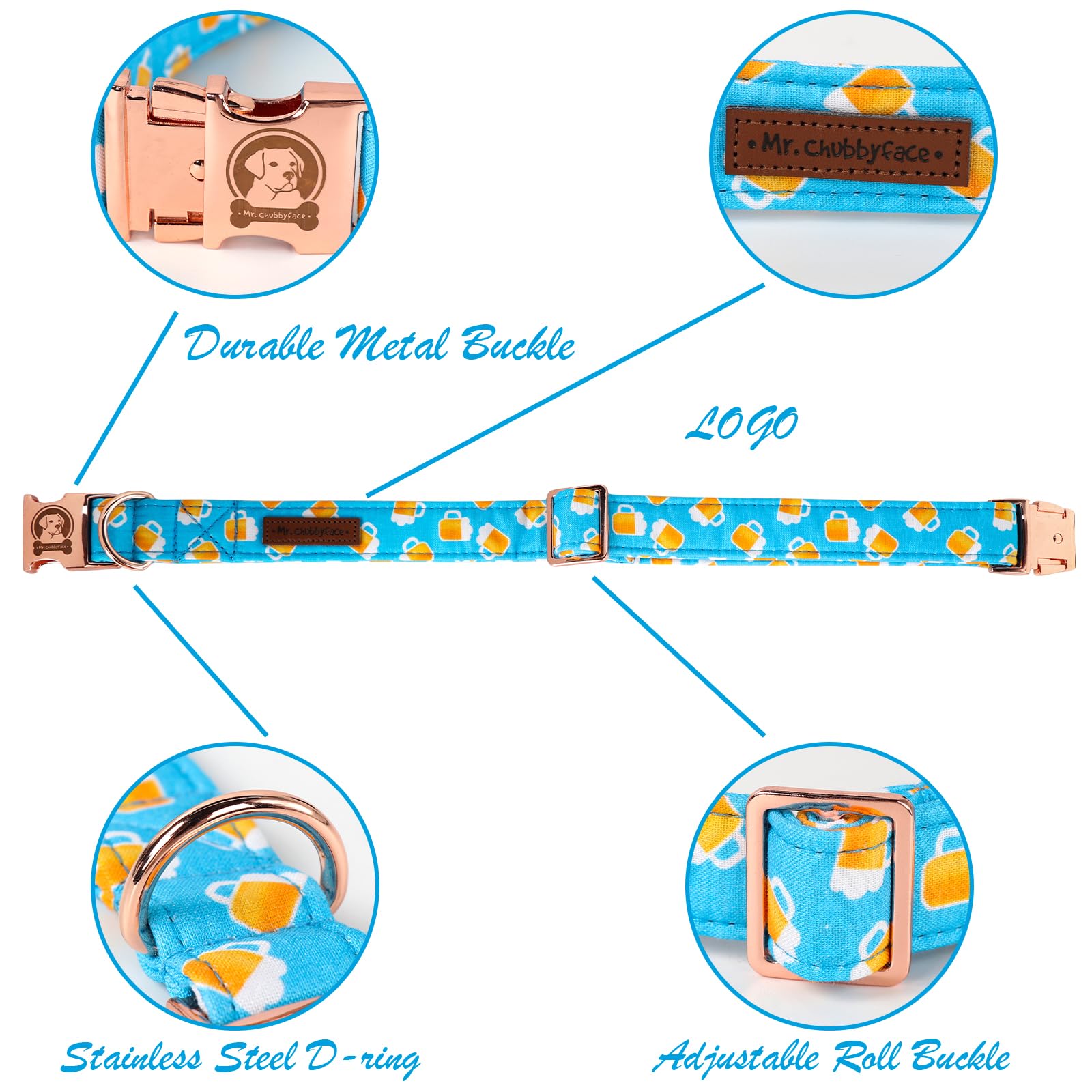 Mr. Chubbyface Spring Summer Dog Collar, Cute Blue Beer Dog Collar, Adjustable Durable Soft Natural Fabric Pet Collar For Small
