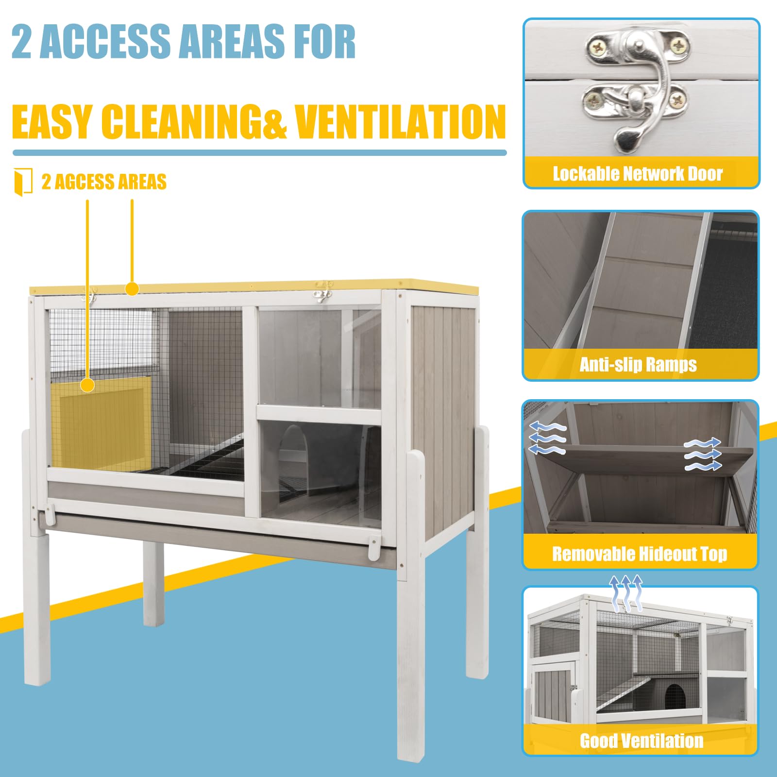 Ketive Guinea Pig Cages Indoor, Wooden Guinea Pig Cages With Stand, Rabbit Cage Hutch With Ramp And Hideout, Small Animals Cage