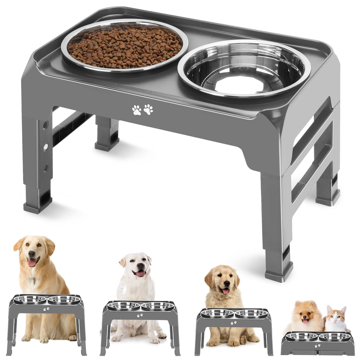 Elevated Dog Bowls, 4 Height Adjustable Raised Dog Bowl Stand With 2 Thick 50Oz Stainless Steel Dog Food Bowls Non-Slip Dog Feeder For Large Medium Dogs Adjusts To 3.7', 9.2', 10.75', 12.36' Grey