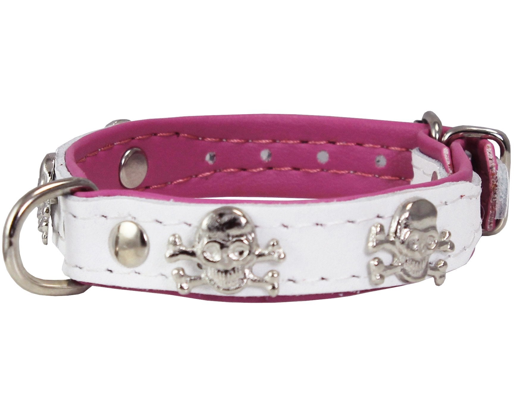 Real Leather Skull Studded Padded Dog Collar (6'-7.5' Neck; 1/2' Wide, White/Pink)