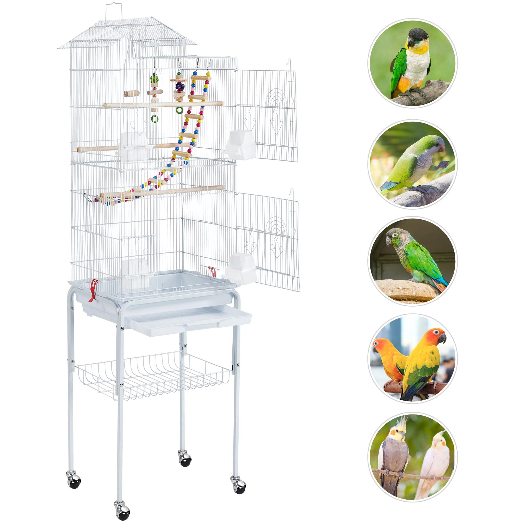 Yaheetech 62.4-Inch Roof Top Flight Bird Cage For Parakeets Cockatiels Conures Finches Lovebirds Canaries Budgies Small Parrots, Large Birdcage With Detachable Rolling Stand, White
