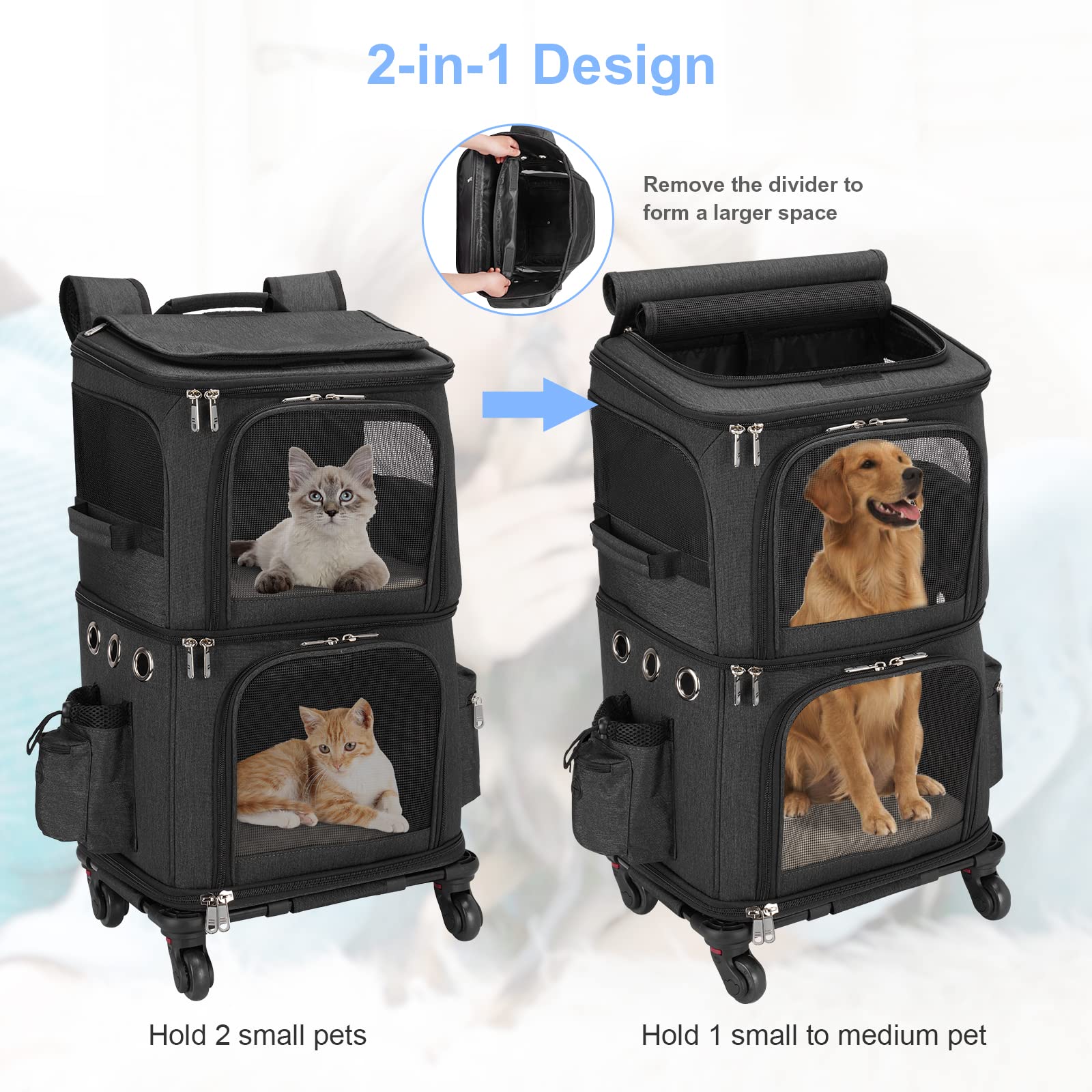 Hovono Double-Compartment Pet Carrier Backpack With Wheels For Small Cats And Dogs, Cat Rolling Carrier For 2 Cats, Perfect For Traveling/Taking A Walk/Trips To The Vet, Black