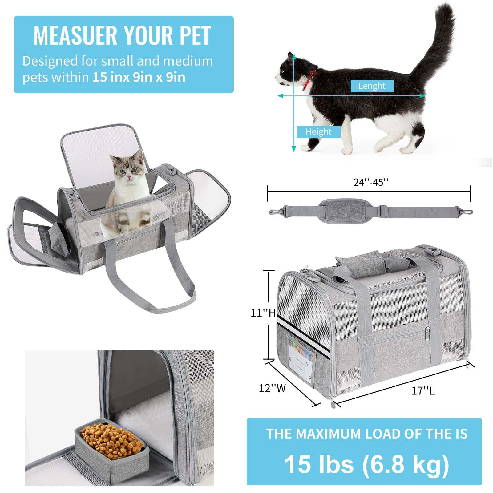 CUSSIOU Soft Sided Cat Carrier for Small Cats Puppies up to 15 Lbs, Airline Approved Pet Carrier Collapsible Travel Puppy Carrie