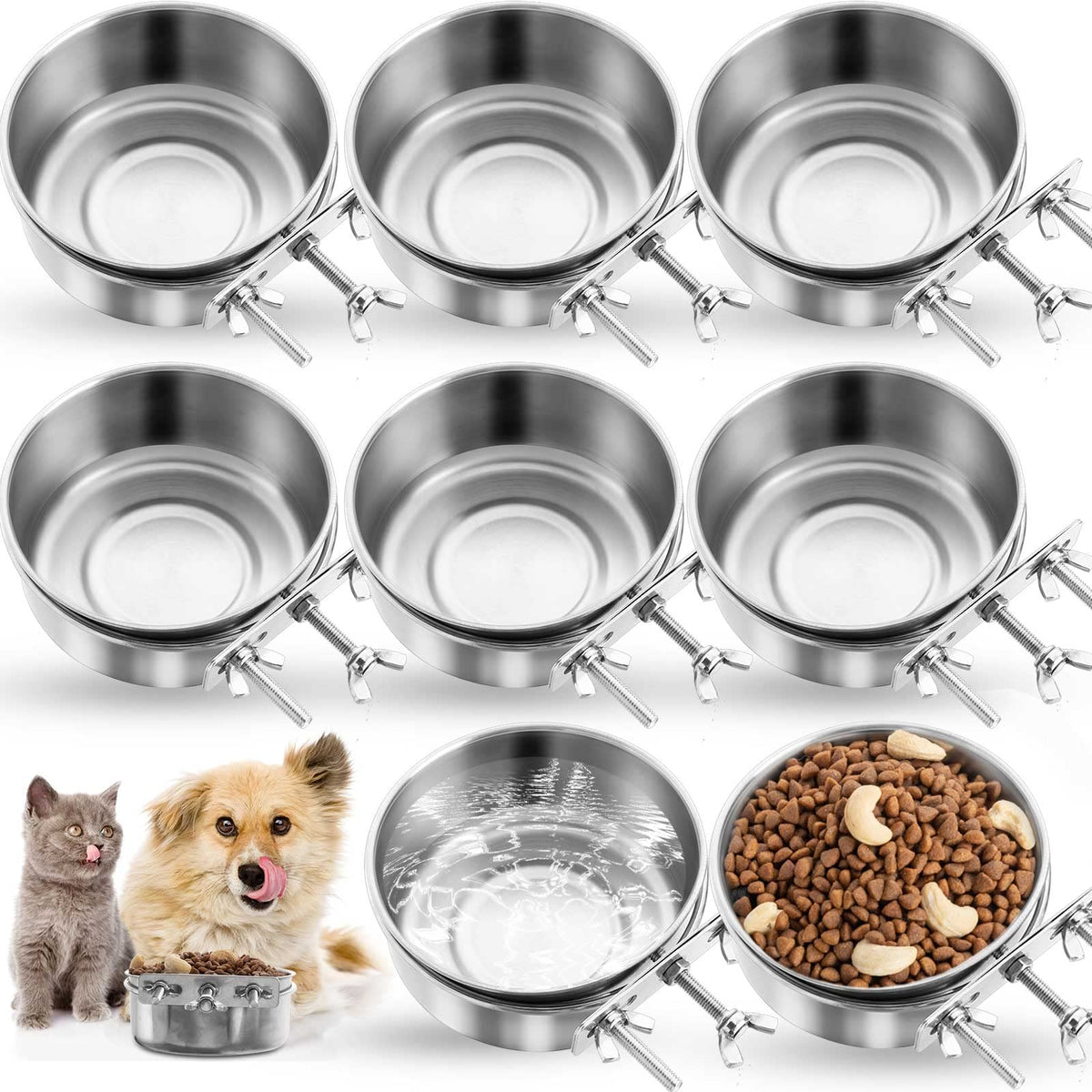 8 Pcs Dog Crate Water Bowl Stainless Steel Kennel Bowls Bulk Hanging Cage Dog Bowls With Clamp Holder Non Spill Pet Food Bowl Metal Feeder For Cat Dog Bird (6.3 X 2.36 Inch)