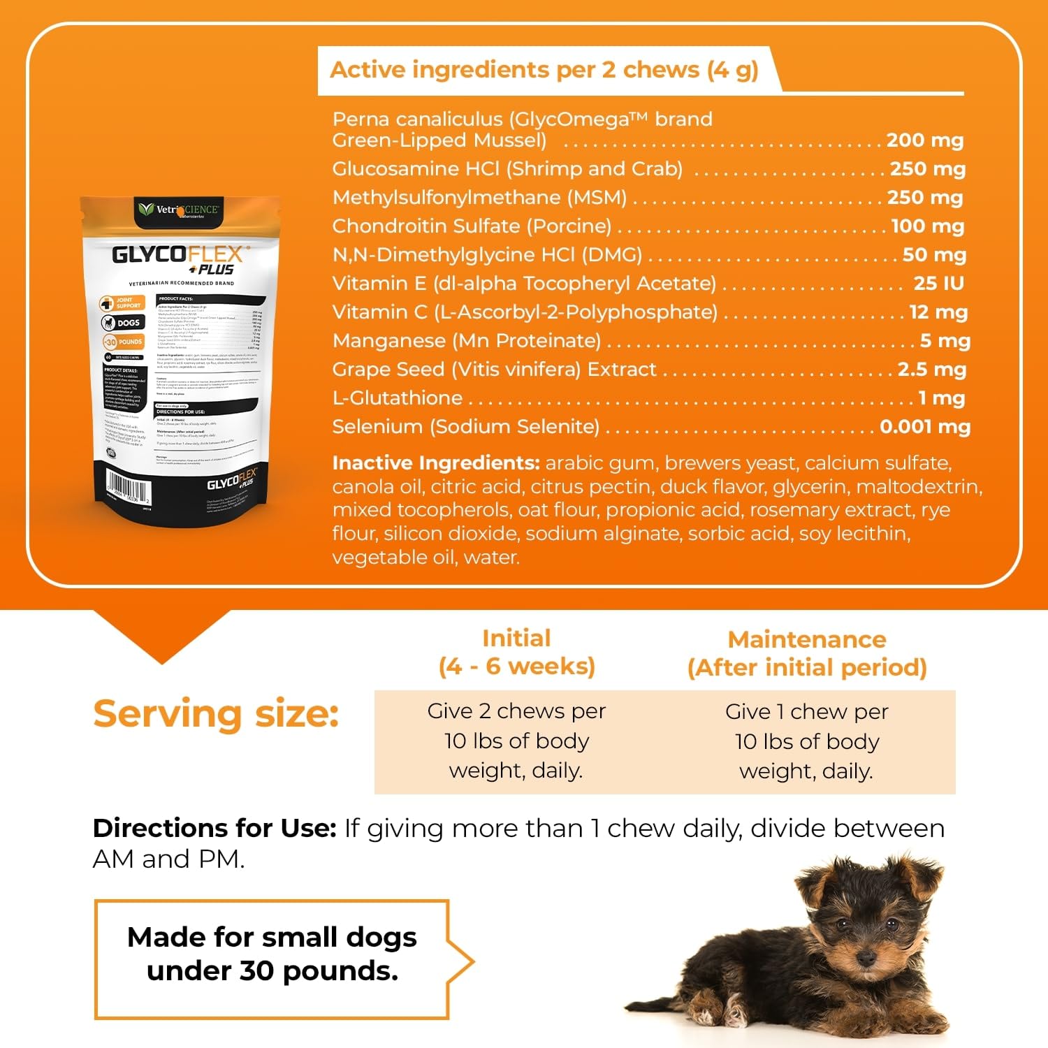 VETRISCIENCE GlycoFlex Plus Hip and Joint Supplement for Small Dogs, 60 Chews, Extra-Strength with Green Lipped Mussel, Chondroitin, Glucosamine