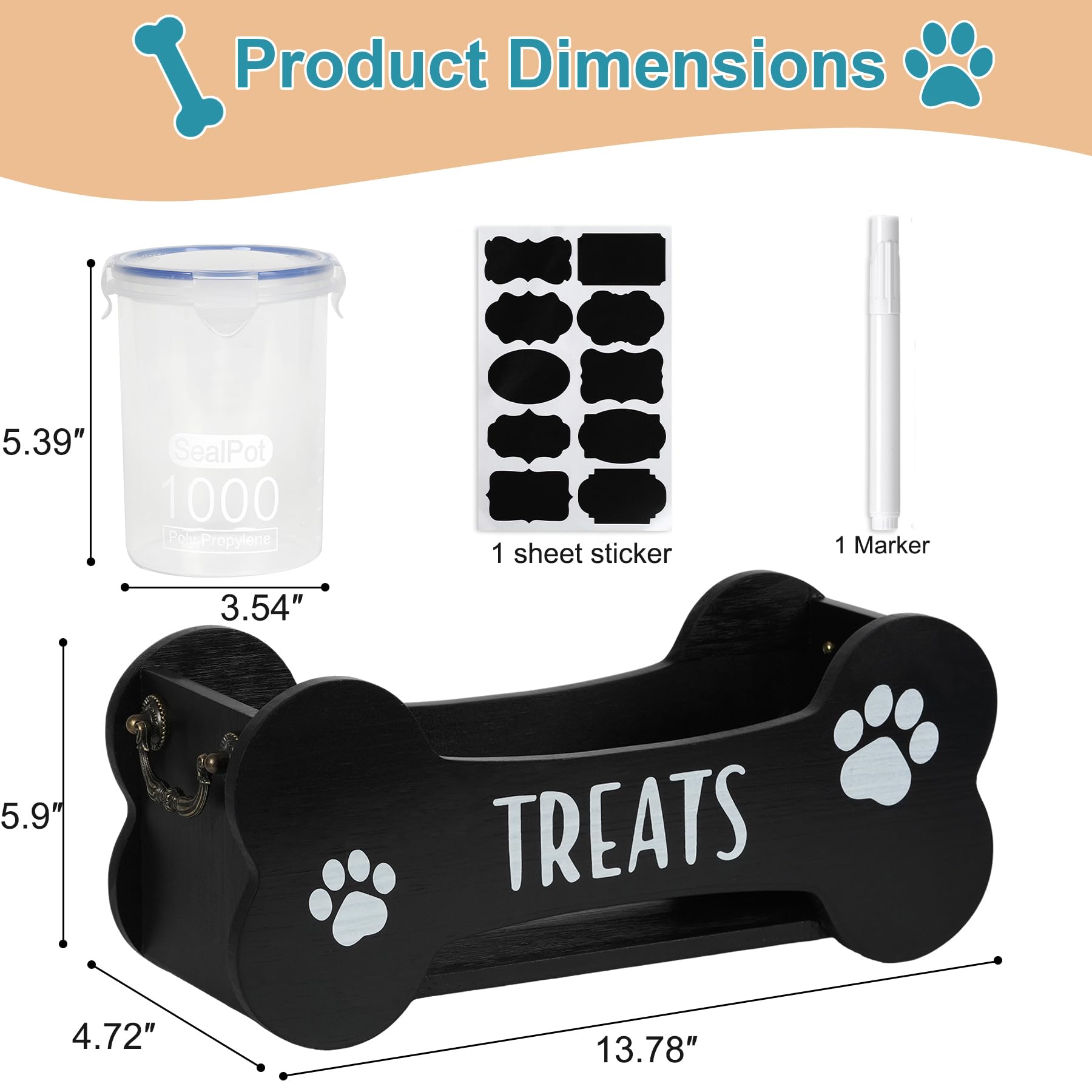 WGFKVAS Dog Treat Container - Wooden Food Storage with 3 Jars, Black, Model GJZ-01, Perfect Gift for Dog Owners