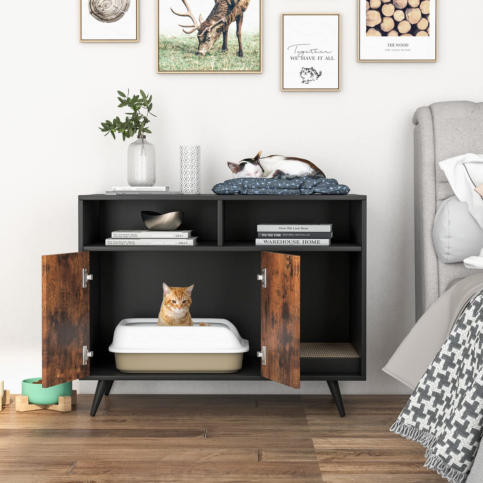 Petsite Litter Box Enclosure, Wooden Cat Litter Box Furniture Hidden With Shelves & Scratching Pad, Kitty Large Litter Box Washroom Cabinet End Table