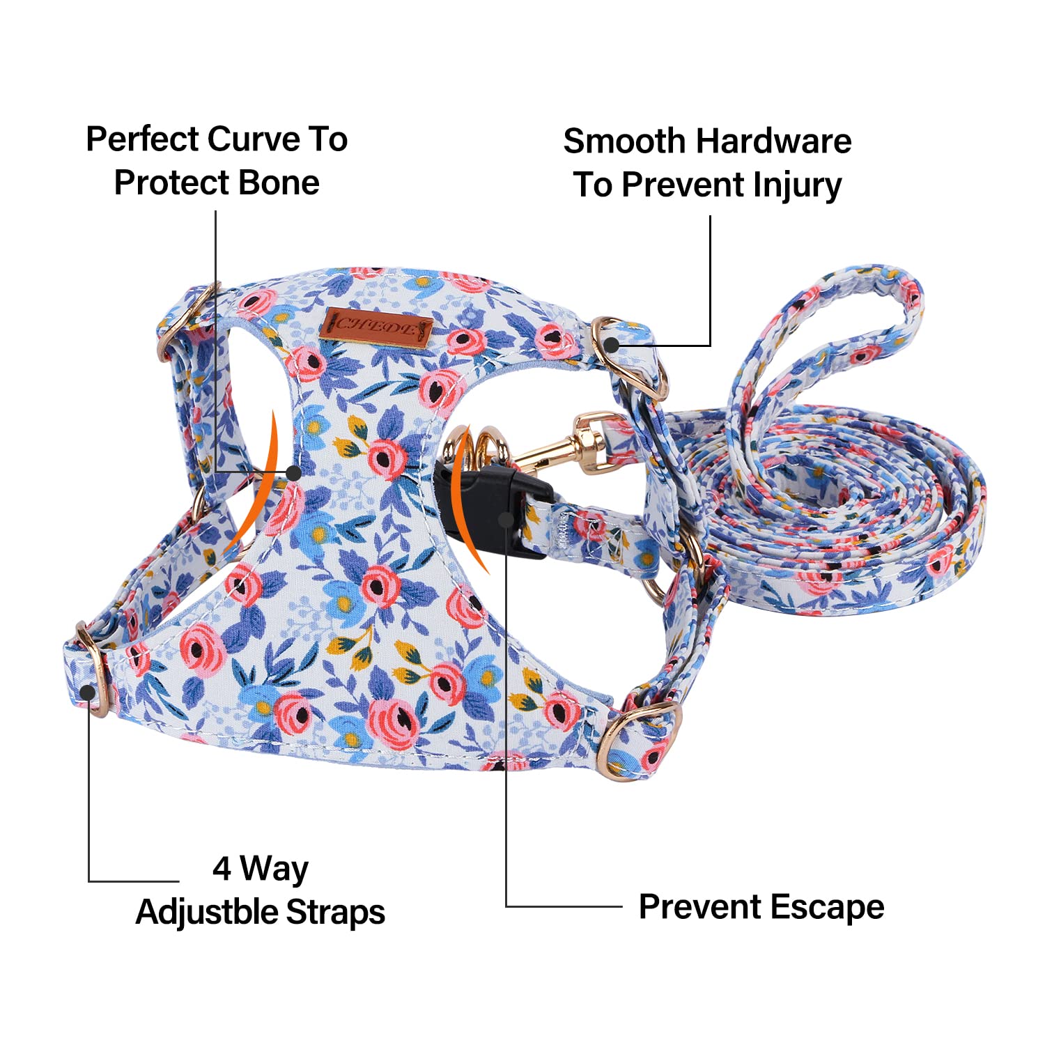 Chede No Pull Floral Pattern Dog Harness- Lightweight And Soft Dog Harness, Adjustable Small Dog Harness And Leash Set, With Dog Leash, Suitable For Puppy Small And Medium-Sized Dog (M, Blue Rose)