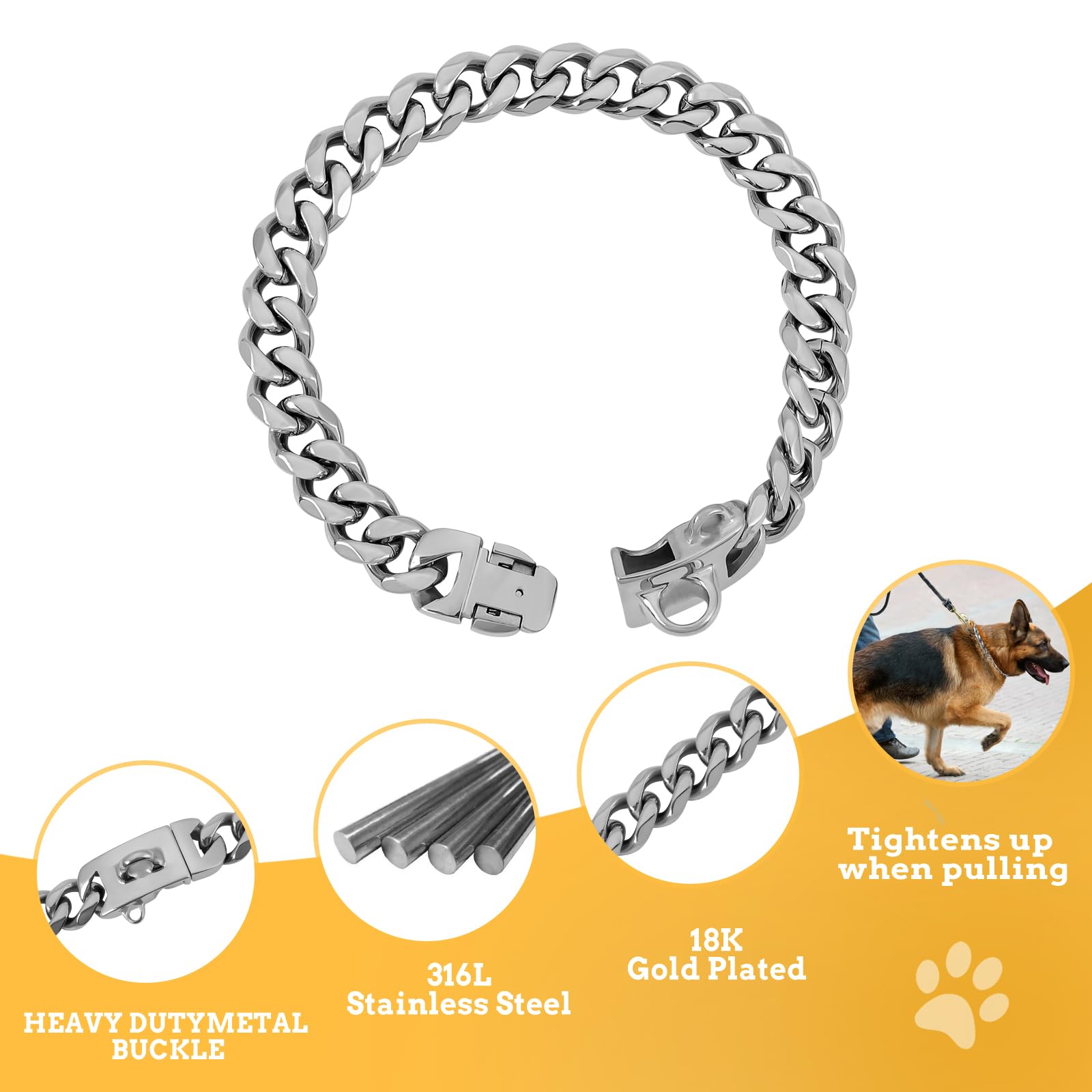 Baobote 15Mm Silver Stainless Steel Dog Collar With Cuban Link Chain Heavy Duty Chew Proof Training Collar For Dogs(20'' Silver)