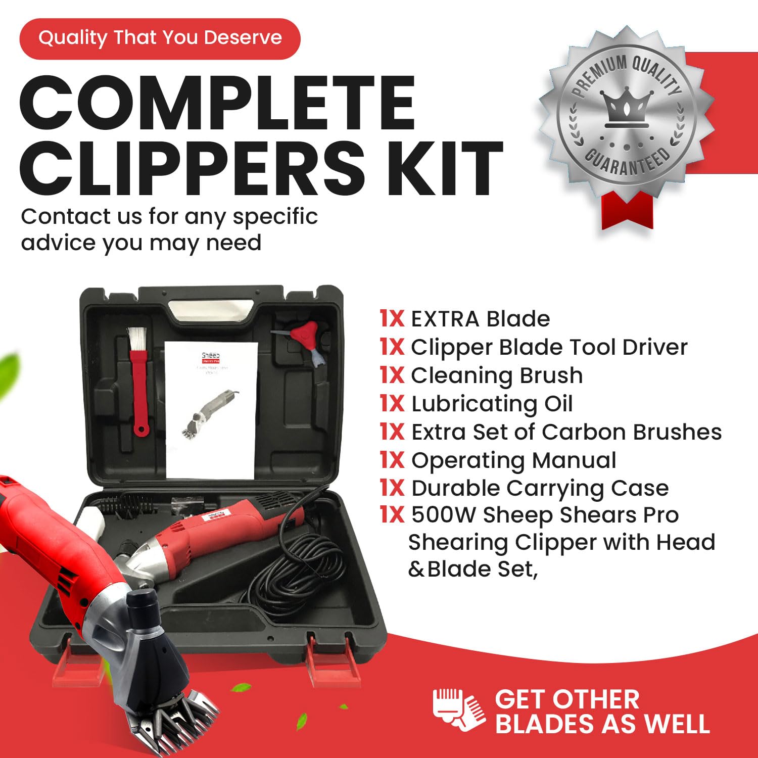 Sheep Shears Pro 110V Heavy Duty Electric Clippers, 500W, 6 Speed, for Sheep, Goats, Cattle, with Grooming Case - Red