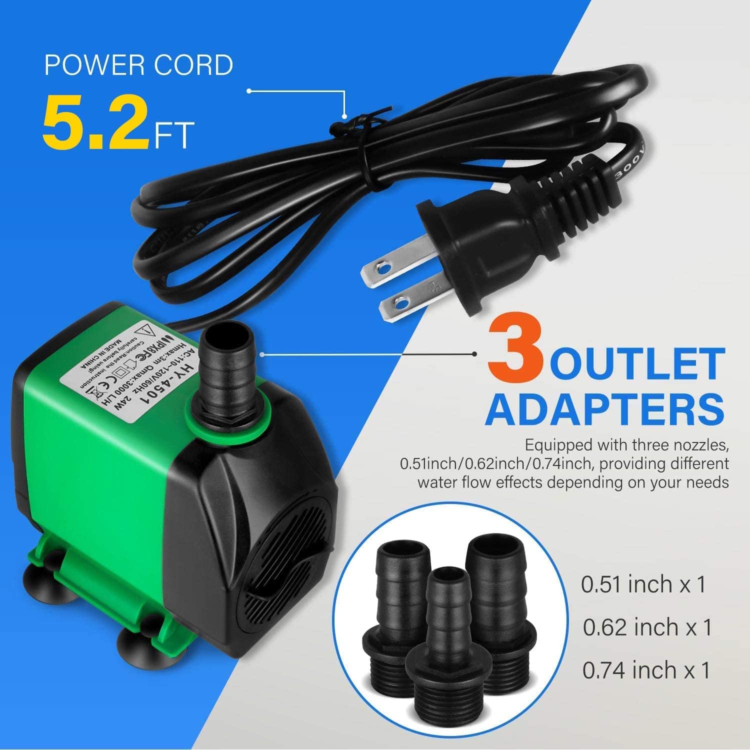 Simple Deluxe 60W 800Gph Submersible Pump (3000L/H), Ultra Quiet (10Ft High Lift), 3 Nozzles With 5.2Ft Power Cord For Fish Tank, Pond, Aquarium, Statuary, Hydroponics, Fountain