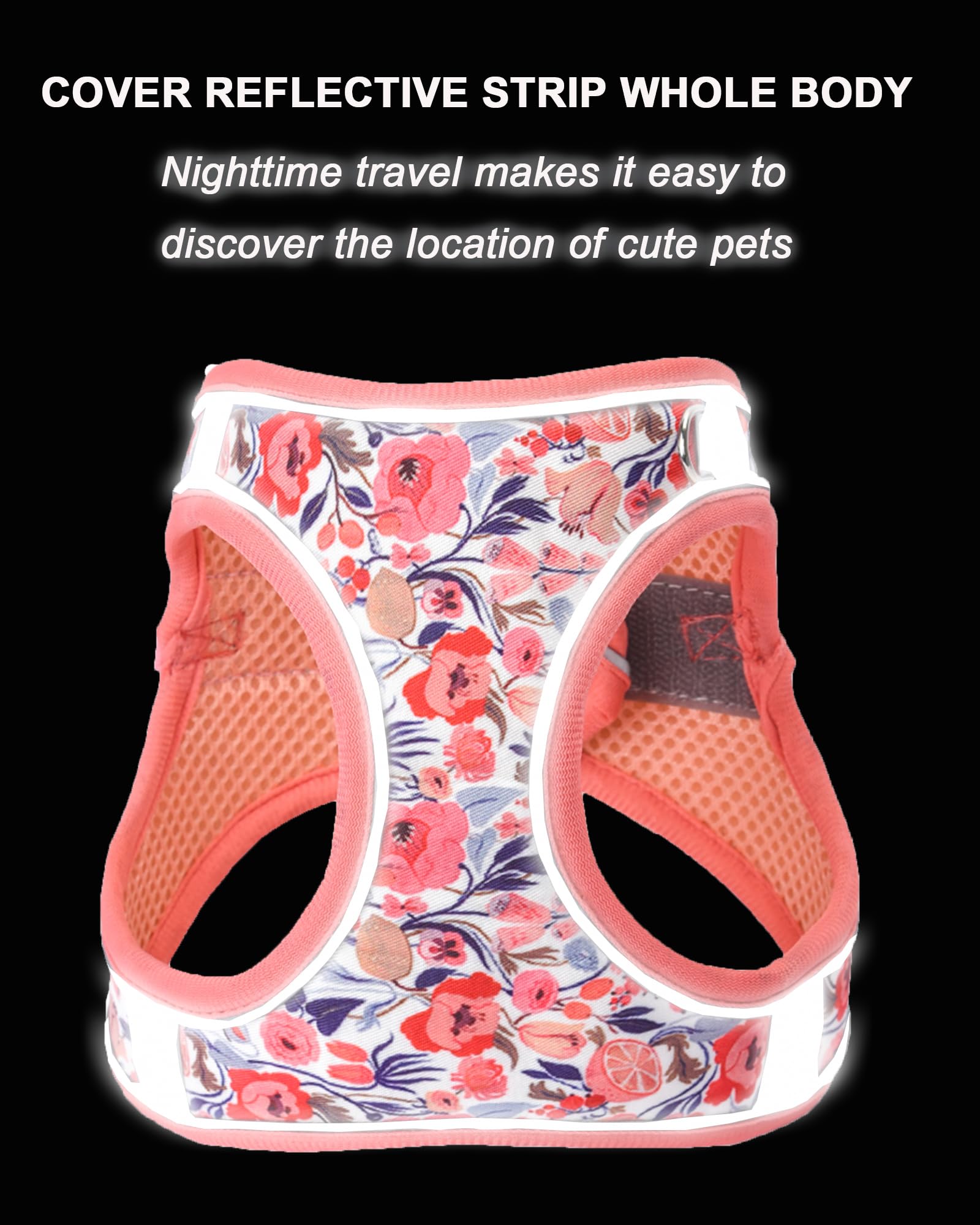 JUFOO M Peach Flower Pattern Dog Harness and Leash Set,No Escape Easy Walk Puppy Harnesses for Training Walking,Breathable Adjus