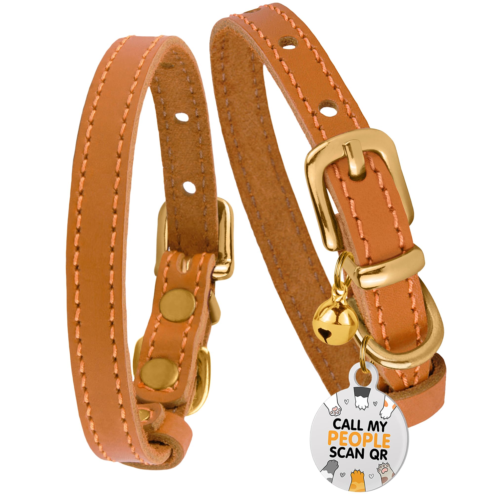 Bronzedog Leather Cat Collar With Bell Non Breakaway Kitten Qr Tag For Girl Boy (7' - 9' For Cats, Light Brown & Gold)