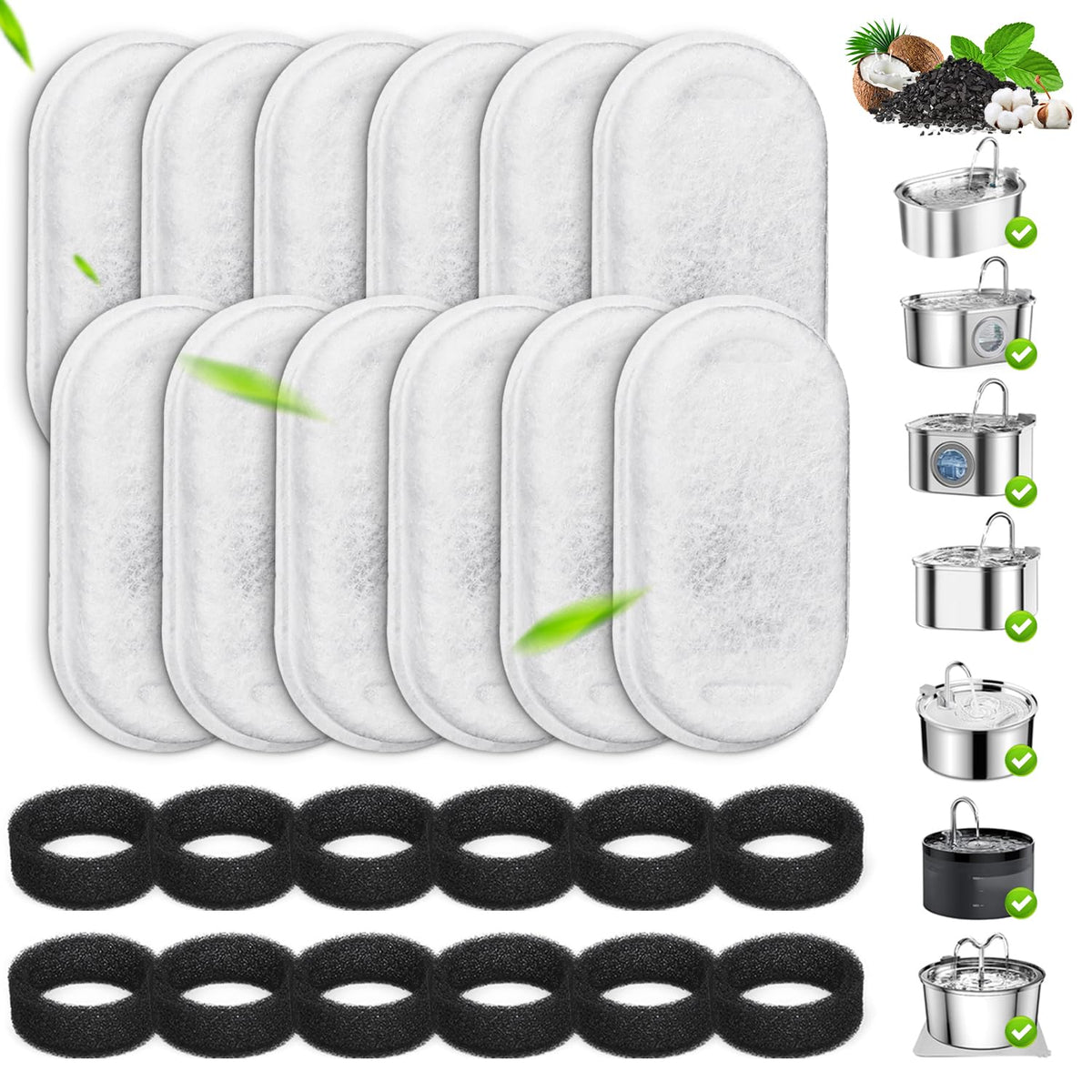 Cat Water Fountain Filters, 12 Pack Replacement Filters & Pre-Filter Sponges For 3.2L/108Oz & 67Oz/2L Stainless Steel Pet Founta