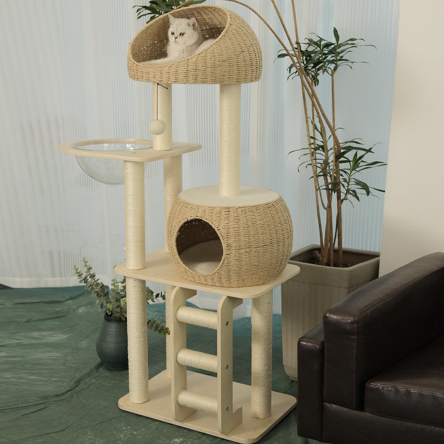 Pawlabay Rattan Cat Tree For Indoor Cats,Tall Cat Tree Tower With Cat Scratching Post,Wood Cat Tower For Indoor Cats,57.5 Inch T