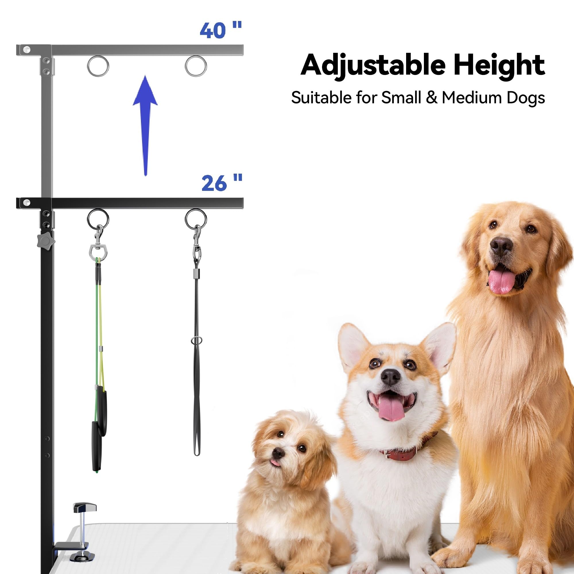 Foldable Dog Grooming Arm With Clamp: Adjustable Height 26''-40'', Dog Grooming Table Arm With Hammock And No-Sit Holder, Groomi